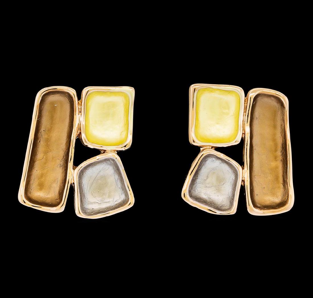 Tri Color Rectangle Earrings - Rose Gold Plated: High end designer jewelry. Tri Color Rectangle Earrings - Rose Gold Plated. Rose Gld Plated Set. Choc/ Van/ Cof. Post. Total Weight: 5.1 grams.