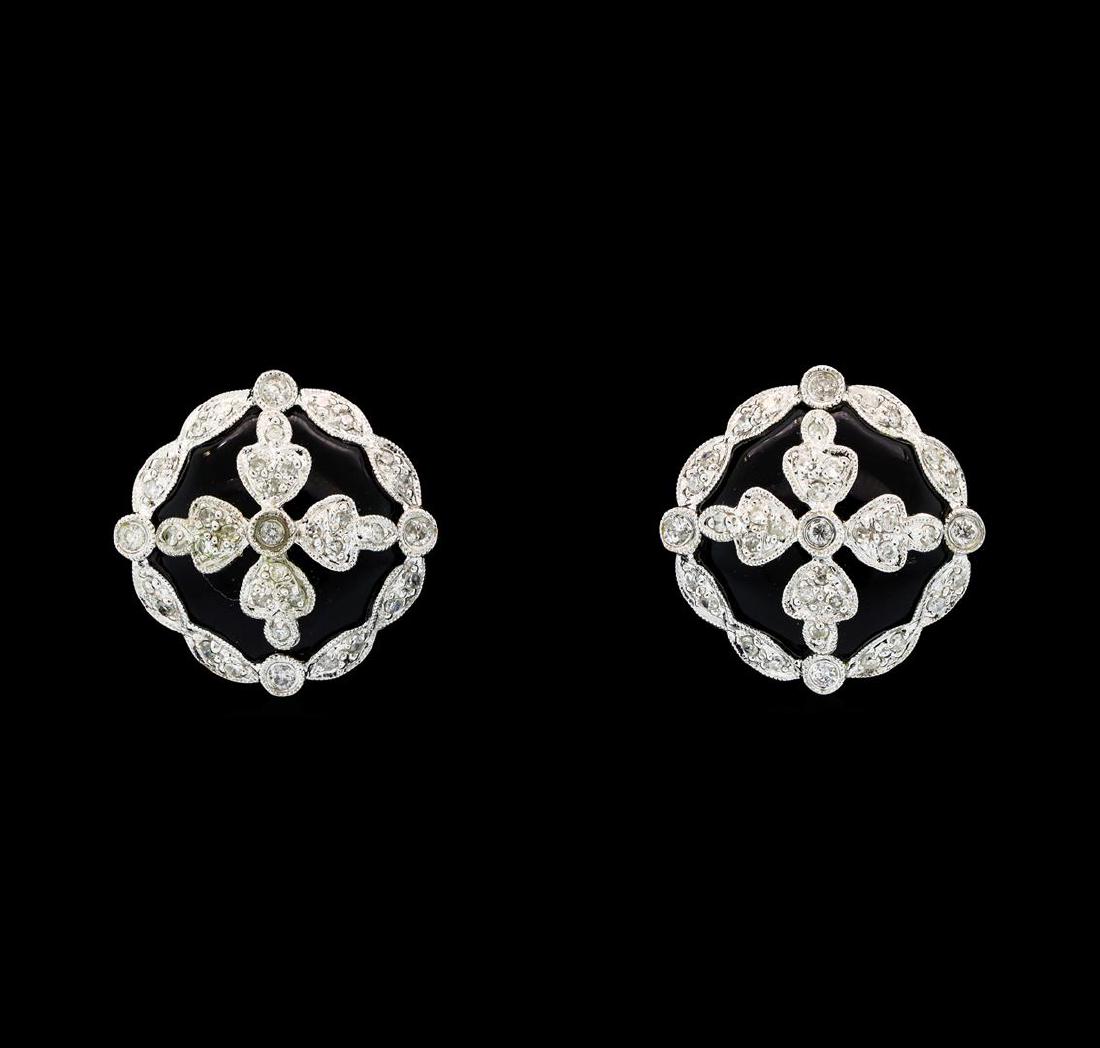 0.47 ctw Diamond Earrings - 14KT White Gold: One pair electronically tested 14KT white gold lady's combination cast & assembled fashion earrings with Omega clip backs with posts with a bright polish with milgrain detailing finish. The featured e