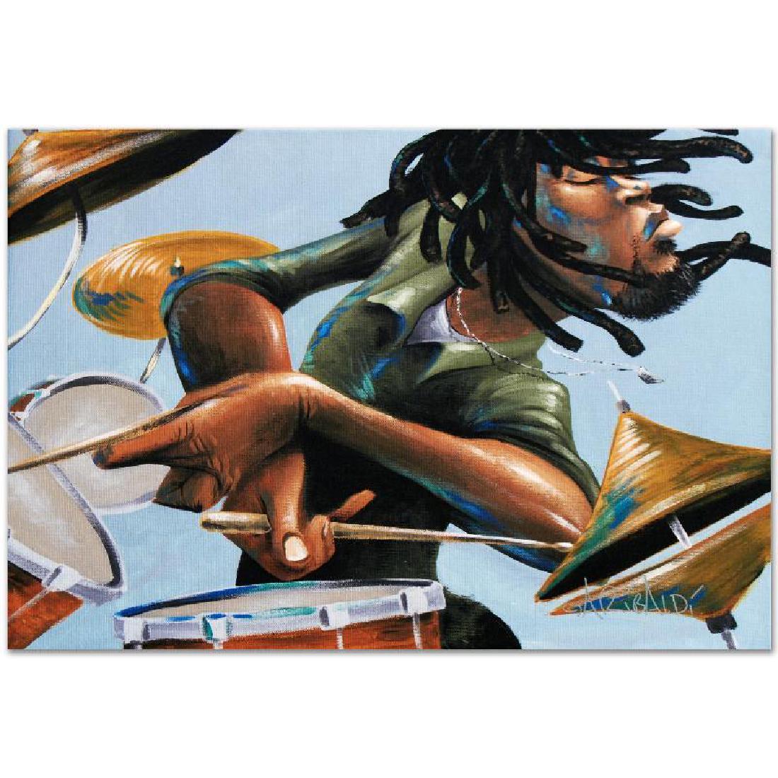 Dreads And Drums by Garibaldi, David: Combining his passions for music and art, David Garibaldi creates visual poetry. "Dreads And Drums" is a limited edition giclee on stretched canvas, CC numbered from the miniature series and bearing t