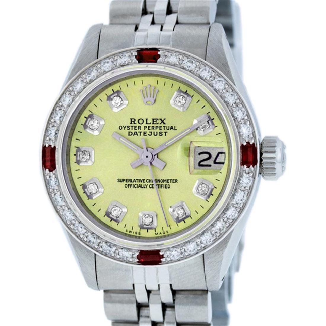 Rolex Ladies Stainless Steel Yellow Diamond & Ruby: One Ladies Stainless Steel Rolex Datejust Polished Bright with Satin Finish, Serviced & Electronically Tested, Stainless Steel Case: 26mm, Stainless Steel Crown, Custom Bezel: New 18K White Gold Ruby 