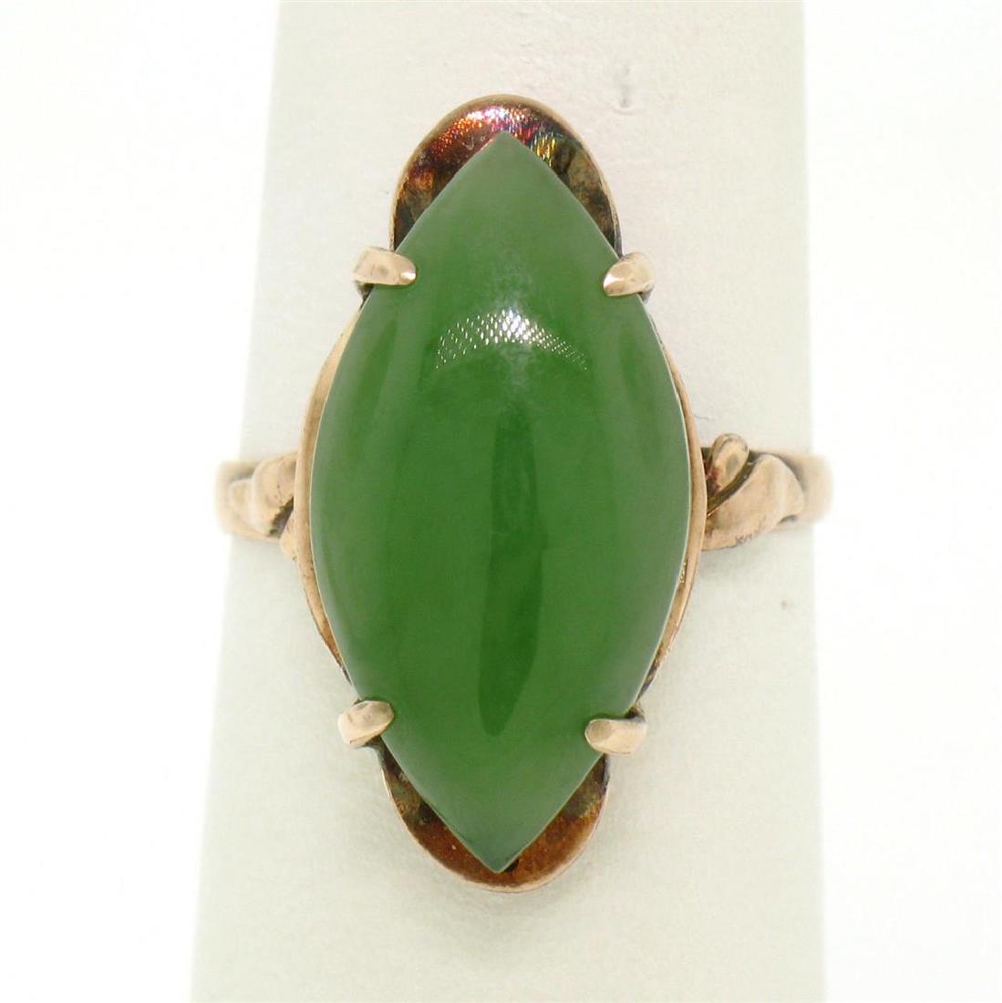 18k Rosy Yellow Gold Marquise Shaped Cabochon Jade: One Antique 18k Rosy Yellow Gold Marquise Shaped Cabochon Jade Solitaire Ring. Item Details: Material: 18k Solid Rosy Yellow Gold, Weight: 3.1 Grams, Stone(s): (1) Natural Genuine Jade - Marquise Cabo