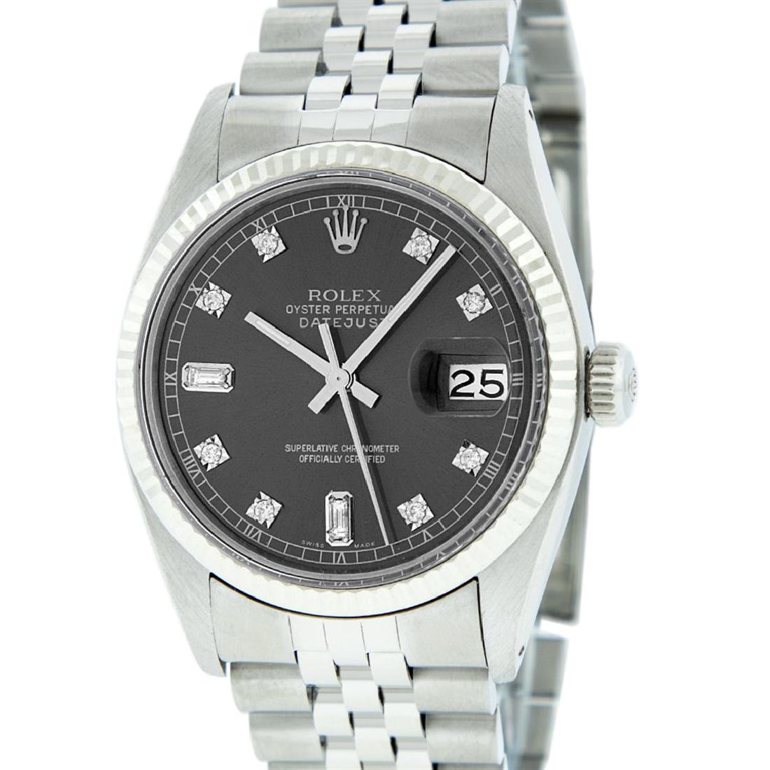 Rolex Mens Stainless Rhodium Diamond 36MM Datejust: One Mens Stainless Steel Rolex Datejust Polished Bright with Satin Finish, This Watch Has Been Serviced & Electronically Tested, Stainless Steel Case: 36mm, Stainless Steel Crown, Bezel: 14K White Gol