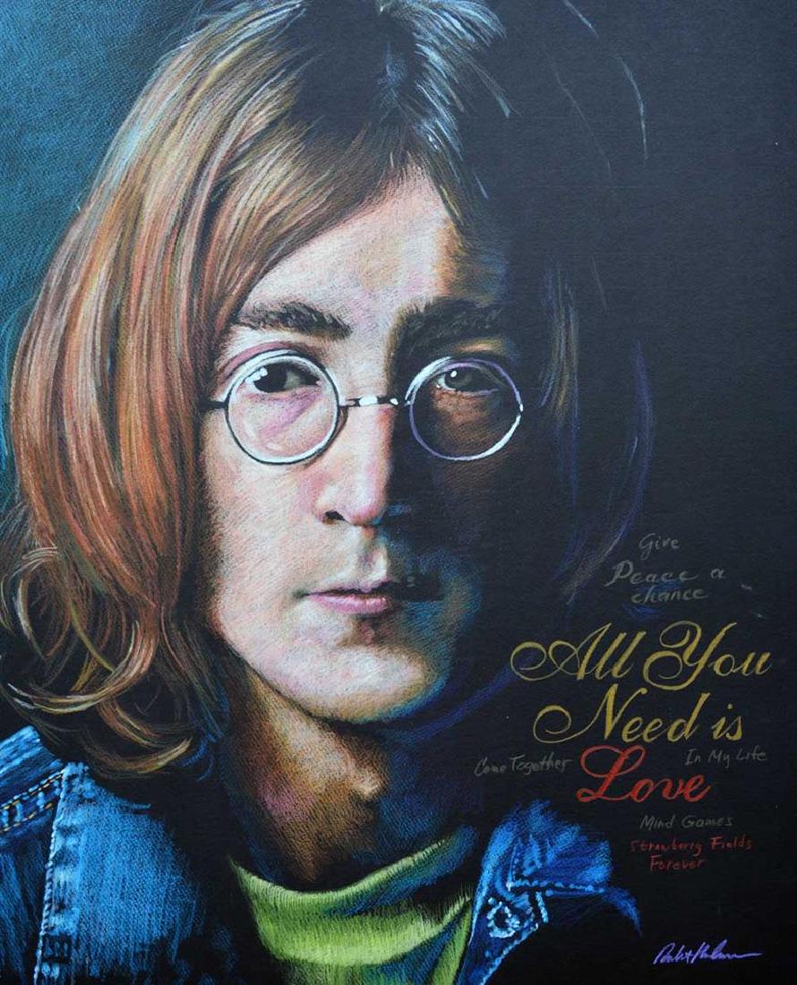 Pop Art Robert Korhonen Original Penicil Drawing: Artist: Robert Korhonen - Title: John Lennon Give Peace a Chance - Medium: Original Color Pencil Drawing on Black Board - Signature: This one-of-a-kind work is hand-signed by the artist at the bottom