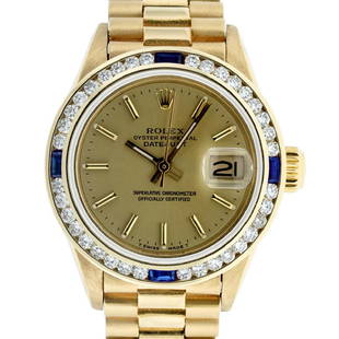 Rolex Ladies 18K Yellow Gold Sapphire And Champagne: One Ladies 18K Yellow Gold Rolex President Polished, Serviced & Electronically Tested, Yellow Gold Case: 26mm, 18K Yellow Gold Crown, Custom Bezel: 18K Yellow Gold Sapphire Channel Set Diamond Bezel,