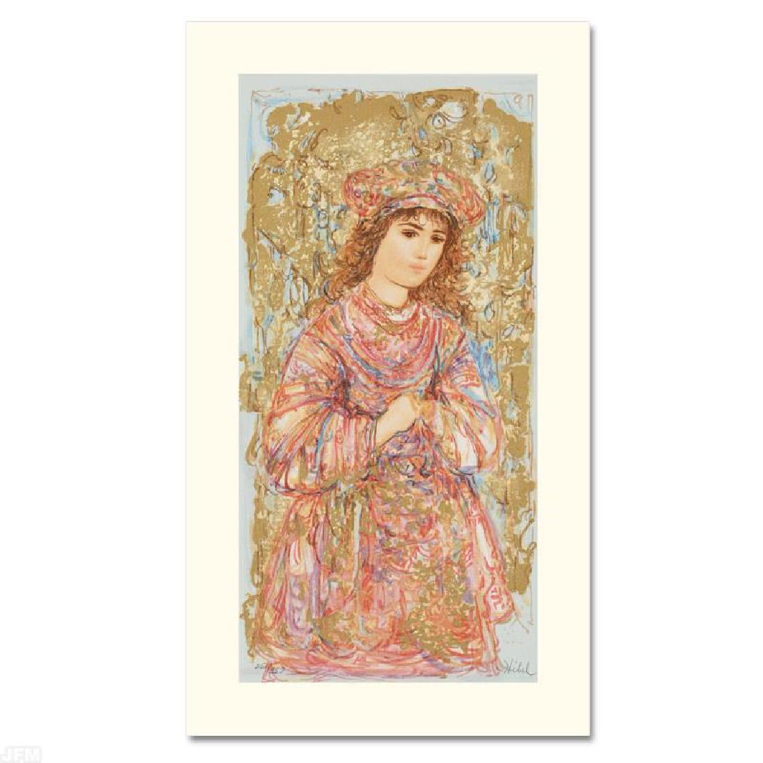 Book of Hours I by Hibel (1917-2014): Wild lines and muted colors make Edna Hibel's art stand out in any room. "Book of Hours I" is a limited edition serigraph on paper, numbered and hand signed by Hibel (1917-2014). Includes Certificate 