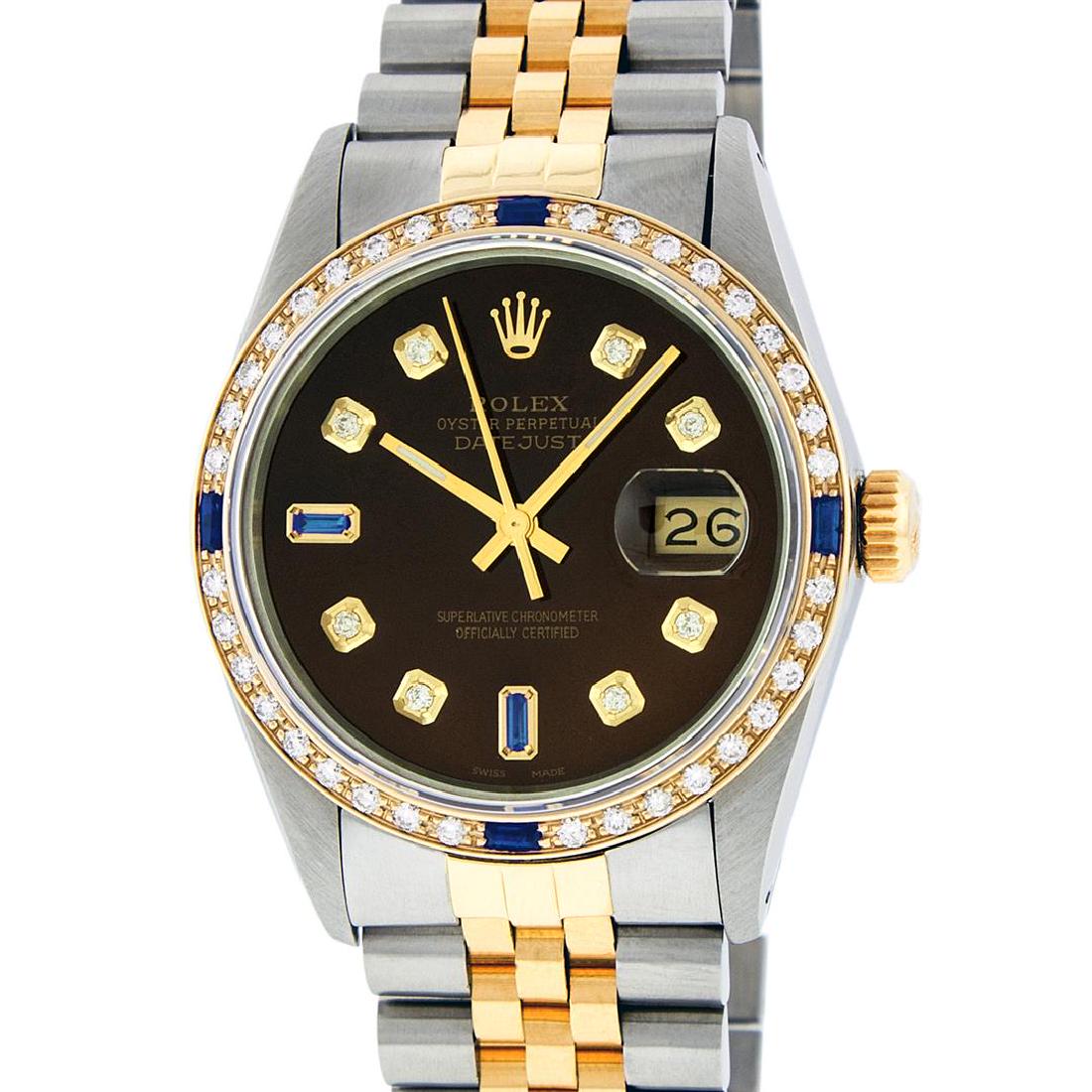Rolex Mens 2 Tone 14K Brown Diamond & Sapphire 36MM: One Mens 14K Yellow Gold Two Tone Rolex Datejust Polished, Serviced & Electronically Tested, 14K Yellow Gold & Stainless Steel Case: 36mm, 14K Yellow Gold Crown, Custom Bezel: New 18K Yellow Gold Sapp