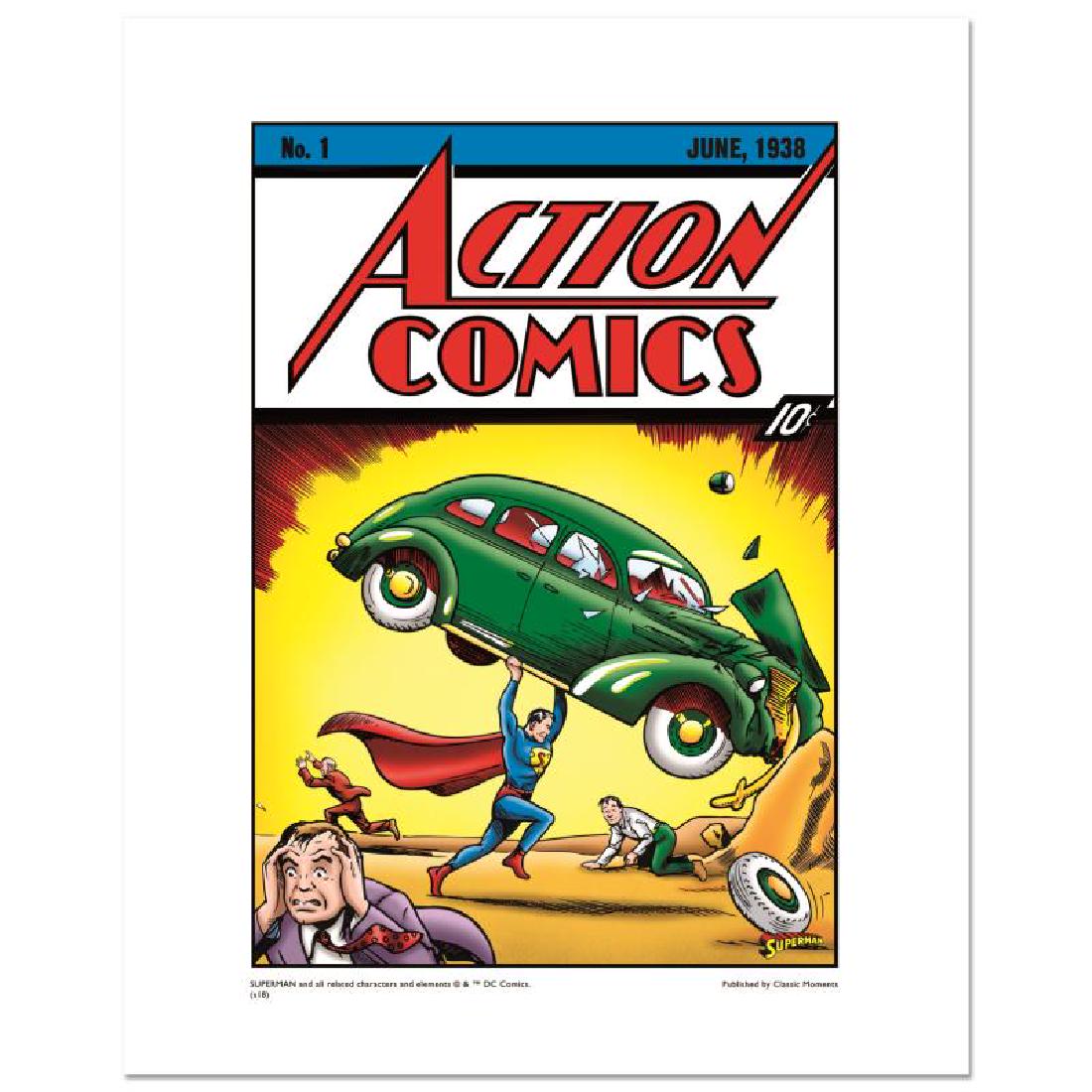 Superman #1 by DC Comics: "Superman #1" is a limited edition giclee on paper licensed by DC Comics. The piece is numbered and includes Certificate of Authenticity. Measures approx. 20" x 16" (with border), 16" x 12" (image).