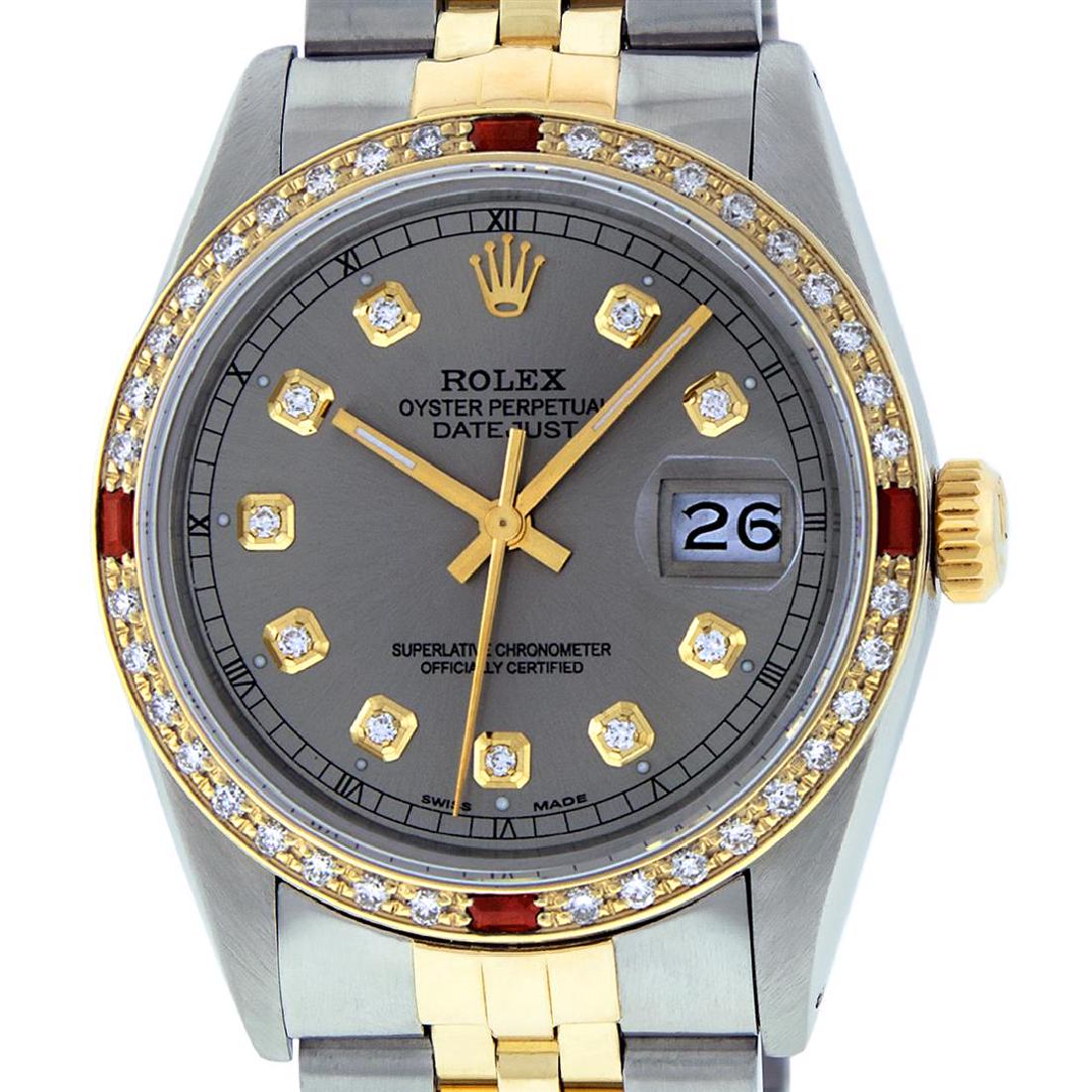 Rolex Mens 2 Tone 14K Slate Grey Diamond & Ruby: One Mens 14K Yellow Gold Two Tone Rolex Datejust Polished, Serviced & Electronically Tested, 14K Yellow Gold & Stainless Steel Case:36mm, 14K Yellow Gold Crown, Custom Bezel: New 18K Yellow Gold Ruby