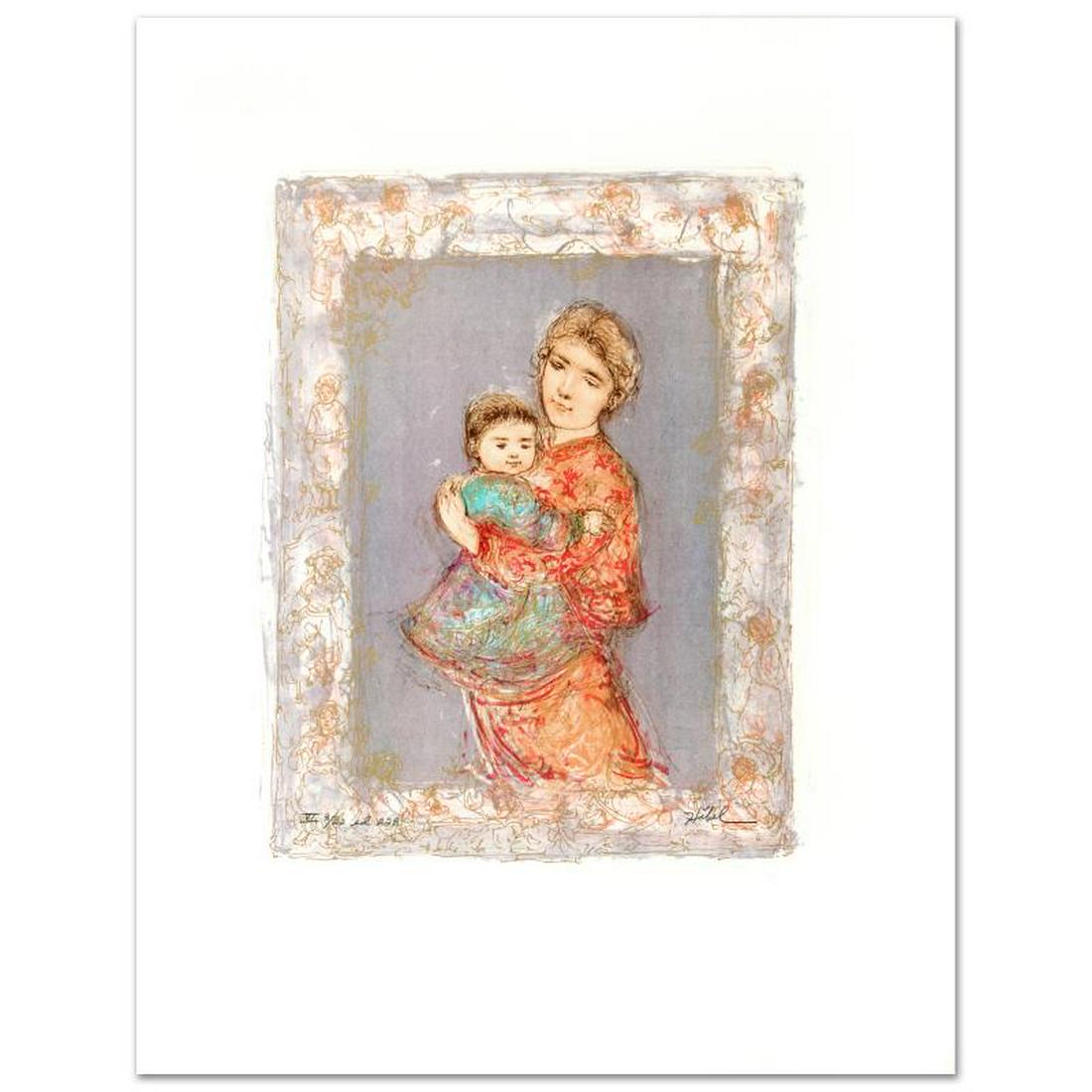 Golden Dreams by Hibel (1917-2014): "Golden Dreams" is a limited edition lithograph on paper, numbered and hand signed by Edna Hibel (1917-2014). Includes Certificate of Authenticity! Measures approx. 21" x 26.5" (with border), 13.5" x 