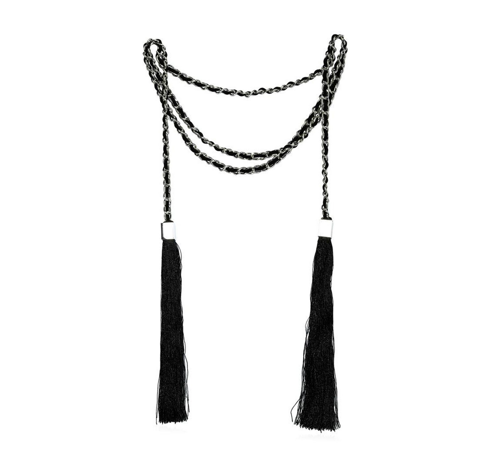 Double Silk Tassel Braided Necklace - Rhodium Plated: High end designer jewelry. Double Silk Tassel Braided Necklace - Rhodium Plated. Rhodium Plated Metal/ Suede. Black/ Silver. 46/7.5inches. Total Weight: 97.7 grams.