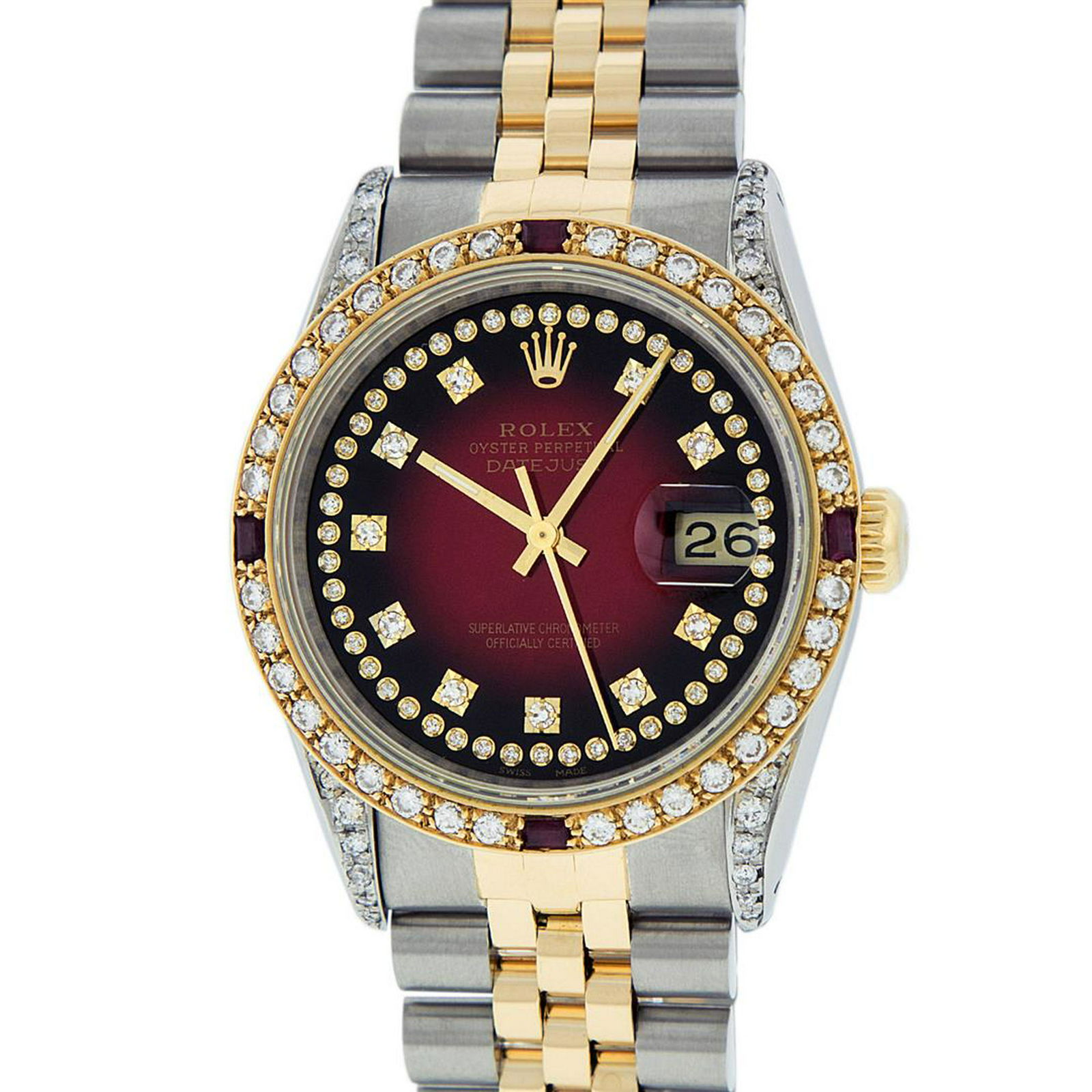 Rolex Mens 2 Tone 14K Lugs Red Vignette Diamond String: One Mens 14K Yellow Gold Rolex Datejust Polished Bright with Satin Finish, Serviced & Electronically Tested, Stainless Steel Case: 36mm, Custom Diamond Lugs: 28 Diamonds On Lugs, Color: G to H, Clarit