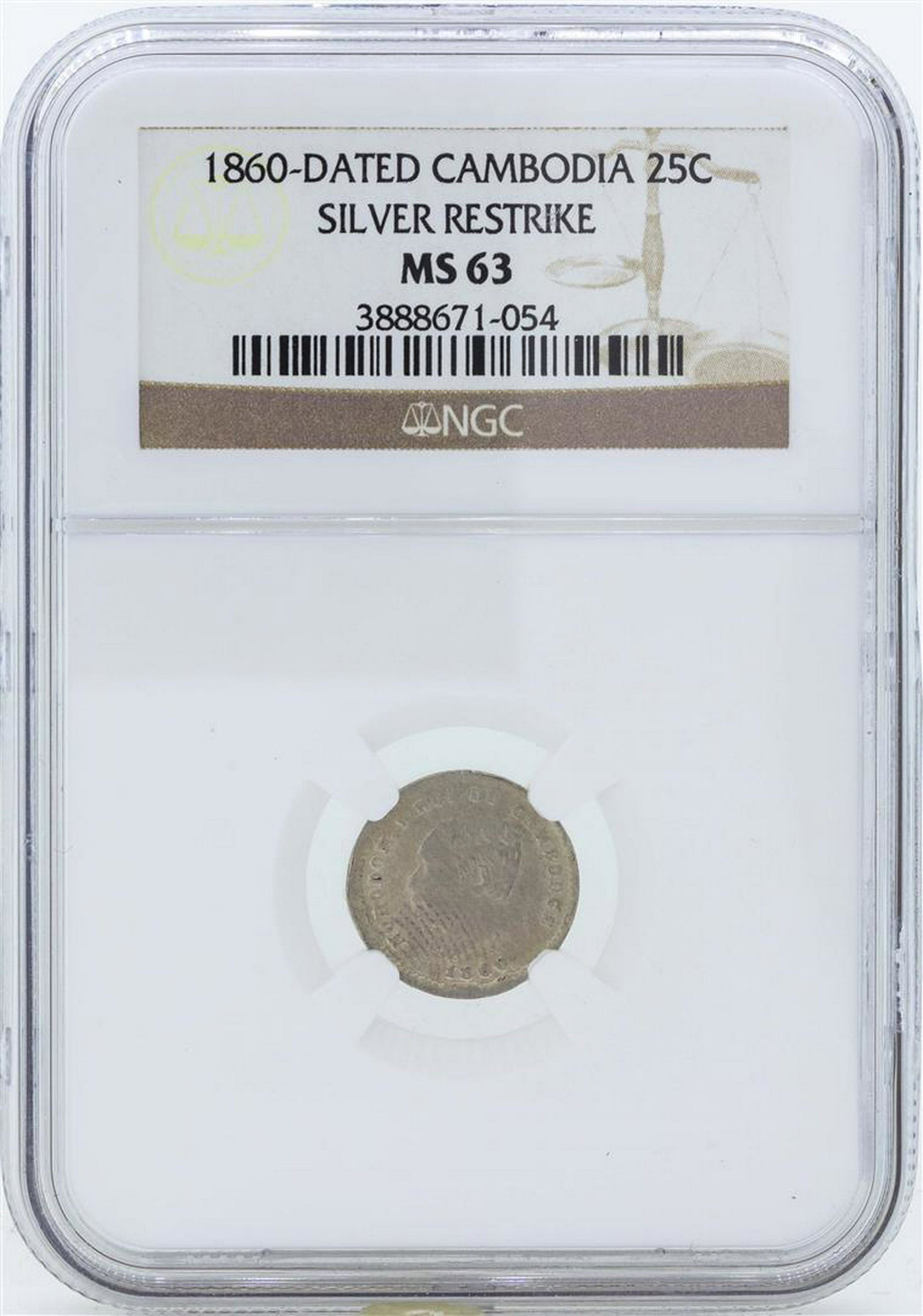 1860 Dated Cambodia 25 Centimes Silver Restrike Coin: One 1860 Dated Cambodia 25 Centimes Silver Restrike Coin NGC MS63. NGC Certified.