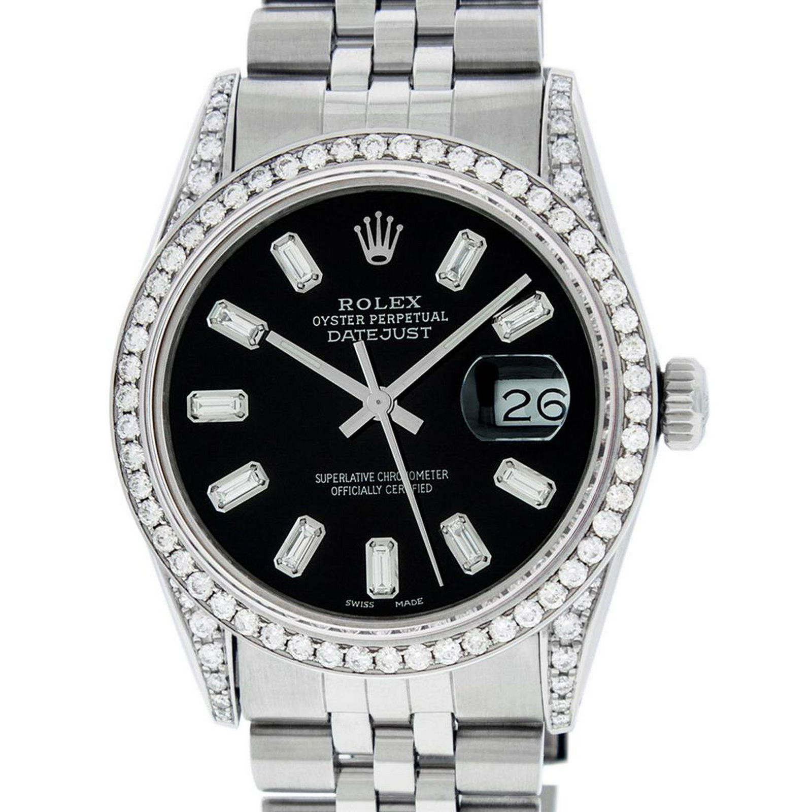 Rolex Mens Stainless Black Baguette Diamond Lugs: One Mens Rolex Datejust Polished Bright with Satin Finish, Serviced & Electronically Tested, Stainless Steel Case: 36mm, Custom Diamond Lugs: 28 Diamonds On Lugs, Color: G to H, Clarity: SI-VS. Stainl