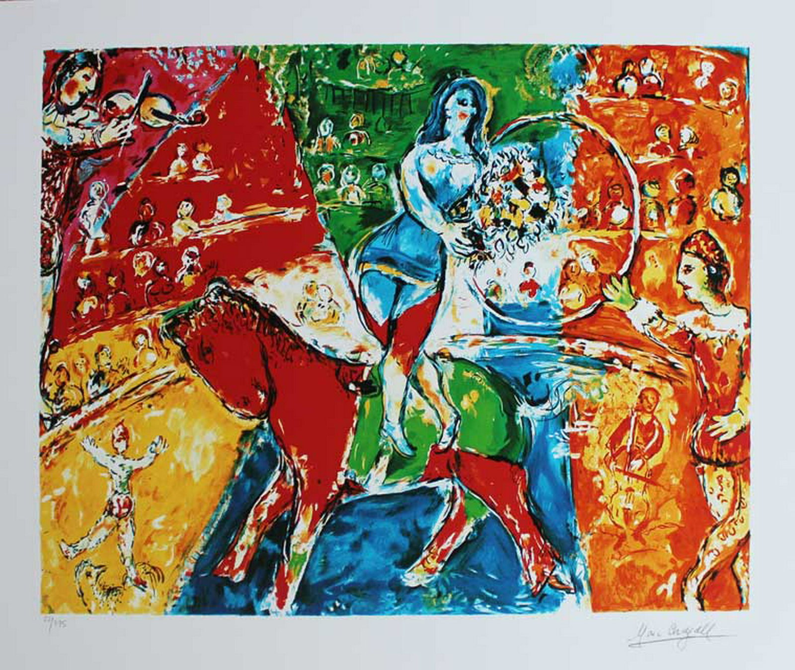 Marc Chagall Circus with Horse and Rider: Artist: Marc Chagall - Title: Circus with Horse and Rider - Medium: Fine Art Giclee on Paper - Signature: Facsimile Signed - Limited Edition: 375 - Image Size: Approximately 14 inches x 18 inches - Pa