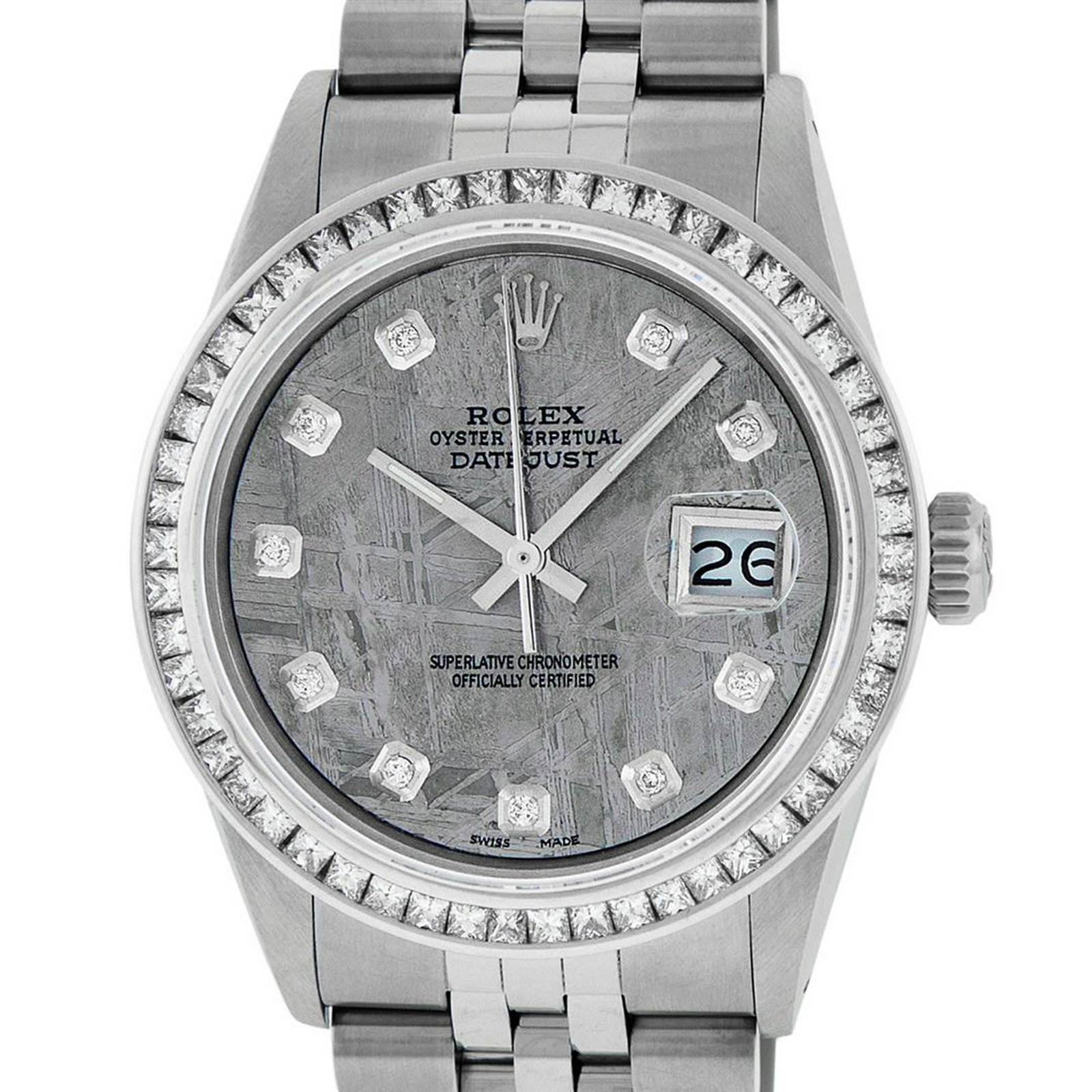 Rolex Mens SS Meteorite Diamond Princess Cut 36MM: One Mens Stainless Steel Rolex Datejust Polished Bright with Satin Finish, Fully Serviced & Electronically Tested, Stainless Steel Case: 36mm, Stainless Steel Crown, Custom Bezel: New 14K White Gold 2