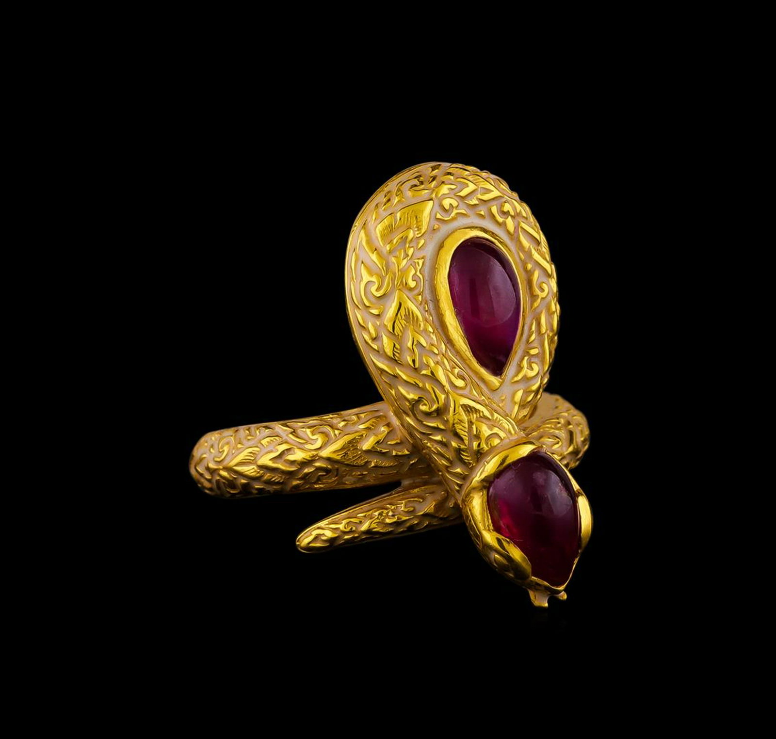 Sterling Silver Ring: One of a kind high fashion sterling silver Ring weighing 9.7 grams. Containing: Ruby, White Enamel Inlay. This sterling silver promises a lasting shine.
