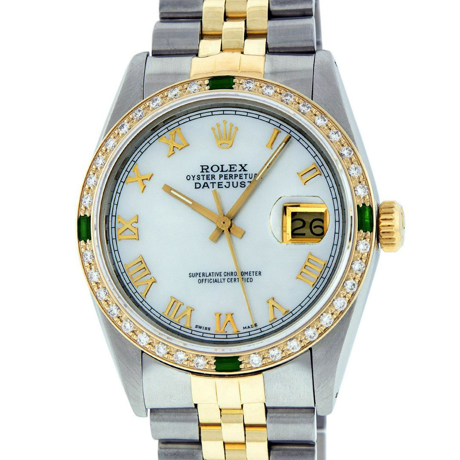 Rolex Mens 2 Tone 14K Mother Of Pearl Diamond & Emerald: One Mens 14K Yellow Gold Two Tone Rolex Datejust Polished, Serviced & Electronically Tested, 14K Yellow Gold & Stainless Steel Case: 36mm, 14K Yellow Gold Crown, Custom Bezel: New 18K Yellow Gold Bead