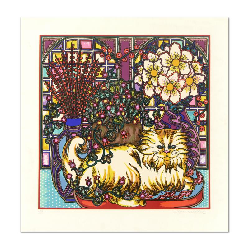 Stained Glass Cat by Abboud, Mara: "Stained Glass Cat" is a limited edition lithograph on paper by Mara Abboud numbered and hand signed by the artist. Includes Letter of Authenticity. Measures approx. 30.5" x 31" (border), 25" x 25" (i