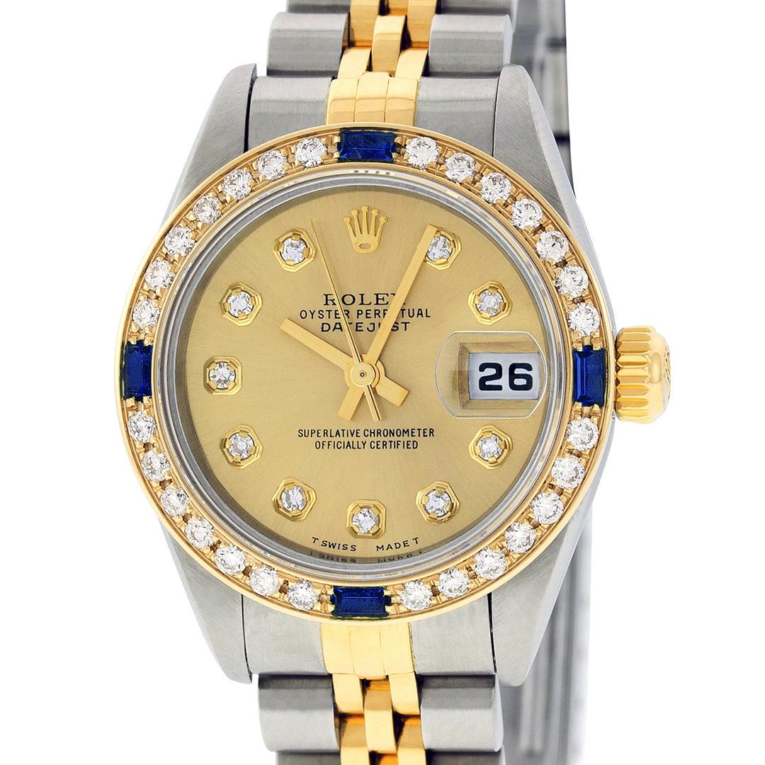 Rolex Ladies Quickset 2 Tone Champagne Diamond &: One Ladies 18K Two Tone Rolex Datejust Polished, Serviced & Electronically Tested, 18K Yellow Gold & Stainless Steel Case: 26mm, 18K Yellow Gold Crown, Custom Bezel: New 18K Yellow Gold Sapphire Beads