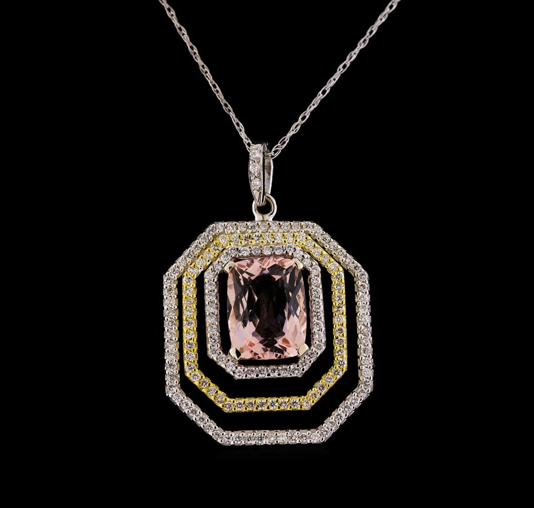 1.95 ctw Morganite and Diamond Pendant With Chain -: One pendant with chain: 14KT white gold weighing 4.74gm containing morganite with a total weight of 1.95ct and diamonds weighing 0.50ctw.