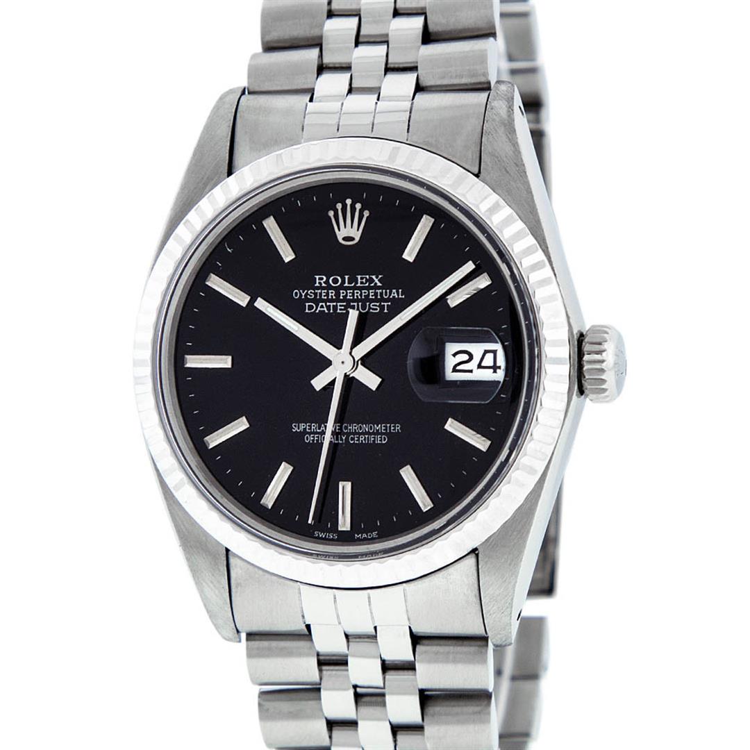 Rolex Mens Stainless Steel Black Index 36mm Datejust: One Mens Rolex Datejust Polished, Serviced & Electronically Tested, Stainless Steel Case: 36mm, Stainless Steel Crown, Bezel: 14K White Gold Fluted Bezel. Custom Crystal: Acrylic Cyclops Lens. Custom 