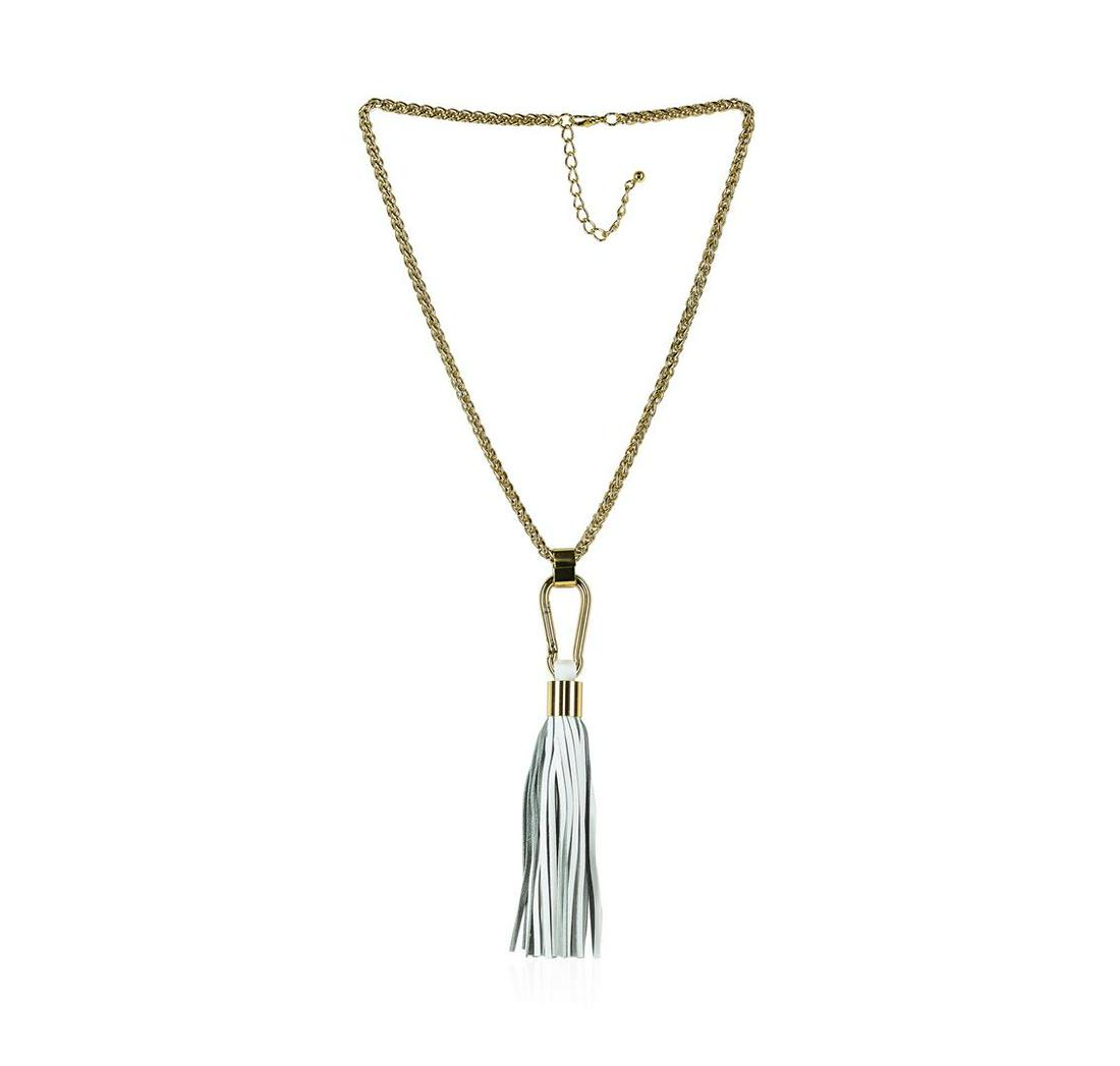 Leather Tassel Hook Pendant Necklace - Gold Plated: High end designer jewelry. Leather Tassel Hook Pendant Necklace - Gold Plated. Gold Plated Metal/3.5" Ext Clasp. White/gold. 24/7inches. Total Weight: 96.4 grams.