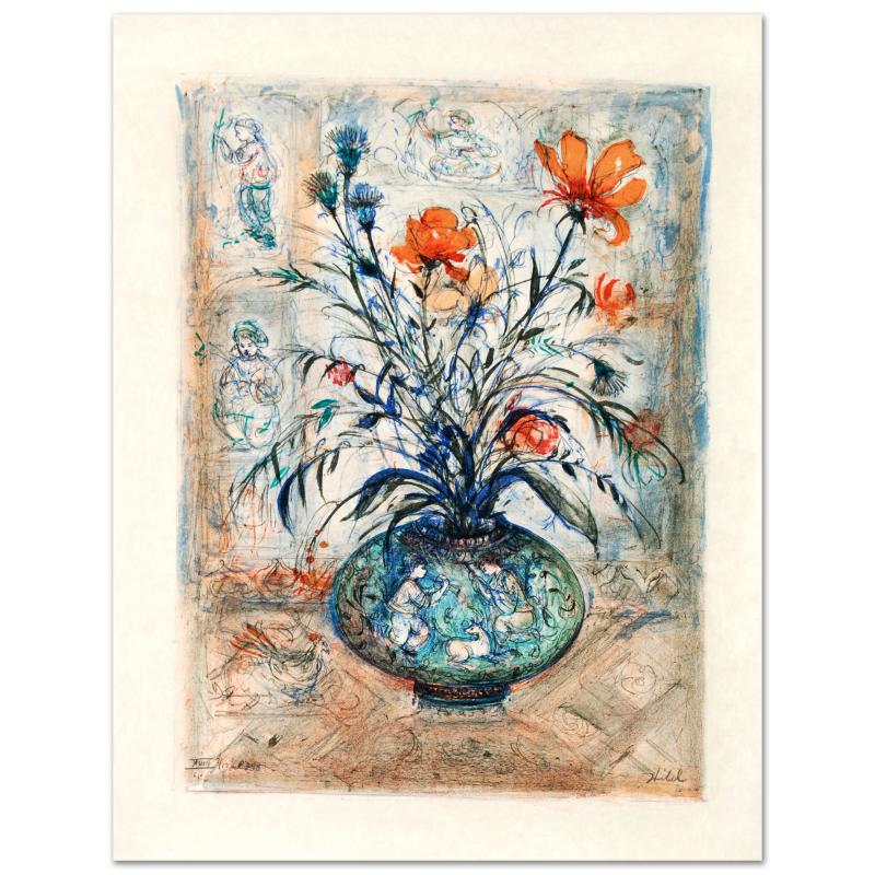 Thistle Rose and a Day Lily by Hibel (1917-2014): "Thistle Rose and a Day Lily" is a limited edition lithograph on rice paper, numbered and hand signed by Edna Hibel (1917-2014). Includes Certificate of Authenticity! Measures approx. 19.5" x 25.5" (w