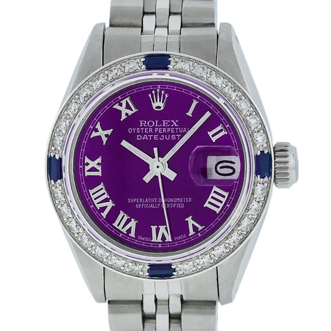 Rolex Ladies Stainless Steel Purple Diamond & Sapphire: One Ladies Stainless Steel Rolex Datejust Polished Bright with Satin Finish, Serviced & Electronically Tested, Stainless Steel Case: 26mm, Stainless Steel Crown, Custom Bezel: New 18K White Gold Sapph