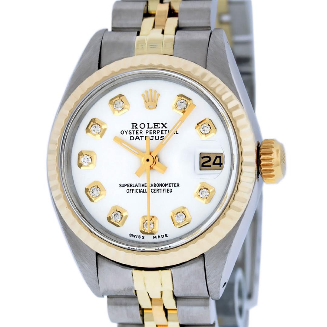 Rolex Ladies 2 Tone 14K White Diamond 26MM Datejust: One Ladies 14K Two Tone Rolex Datejust Polished, Serviced & Electronically Tested, 14K Yellow Gold & Stainless Steel Case: 26mm, 14K Yellow Gold Crown, Bezel: 14K Yellow Gold Fluted Bezel. Custom Crys
