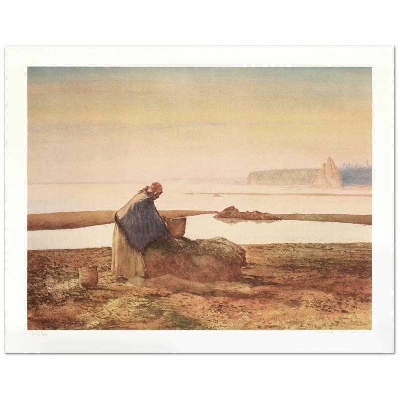 Mussel Digger by Nelson, William: "Mussel Digger" is a limited edition lithograph on paper by William Nelson, numbered and hand signed by the artist! Measures approx. 28.5" x 22.5" (with border); 25" x 19" (image).
