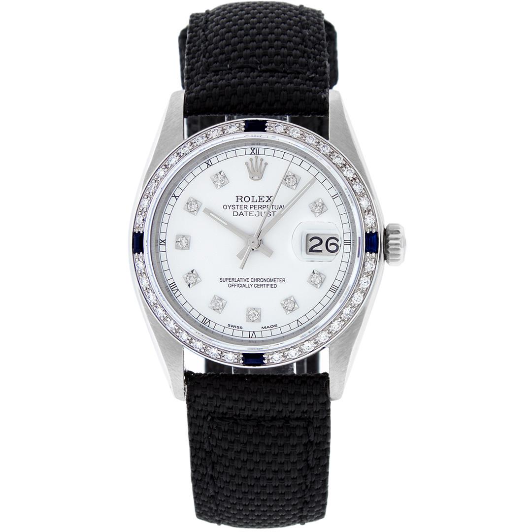 Rolex Mens Stainless Steel White Diamond 36MM Datejust: One Mens Stainless Steel Rolex Datejust Polished, Serviced & Electronically Tested, Stainless Steel Case: 36mm, Stainless Steel Crown, Custom Bezel: New 18K White Gold Sapphire Beadset Diamond Bezel, 