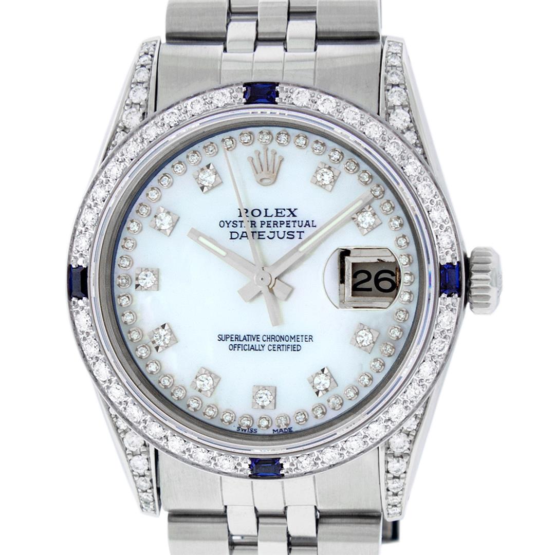 Rolex Mens Stainless Steel Diamond Lugs & Sapphire: One Mens Rolex Datejust Polished Bright with Satin Finish, Serviced & Electronically Tested, Stainless Steel Case: 36mm, Custom Diamonds On Lugs: 28 Diamonds On Lugs, Color: G to H, Clarity: SI-VS. St