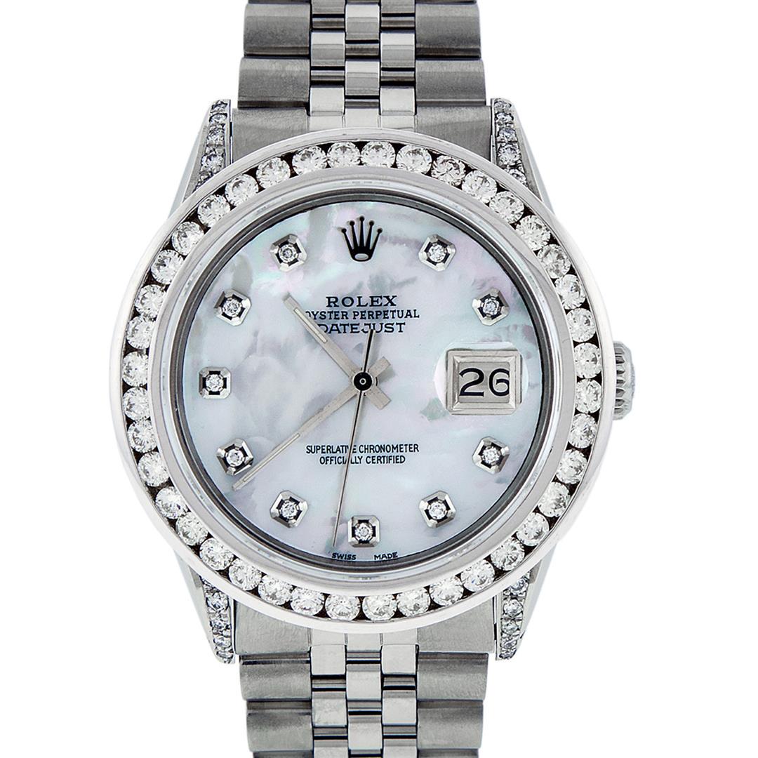 Rolex Mens Stainless Steel MOP 3 ctw Diamond Datejust: One Mens Stainless Steel Rolex Datejust Polished Bright with Satin Finish, Serviced & Electronically Tested, Stainless Steel Case: 36mm, Diamond Lugs: 24 Diamonds On Lugs, Color: G to H, Clarity: SI-V