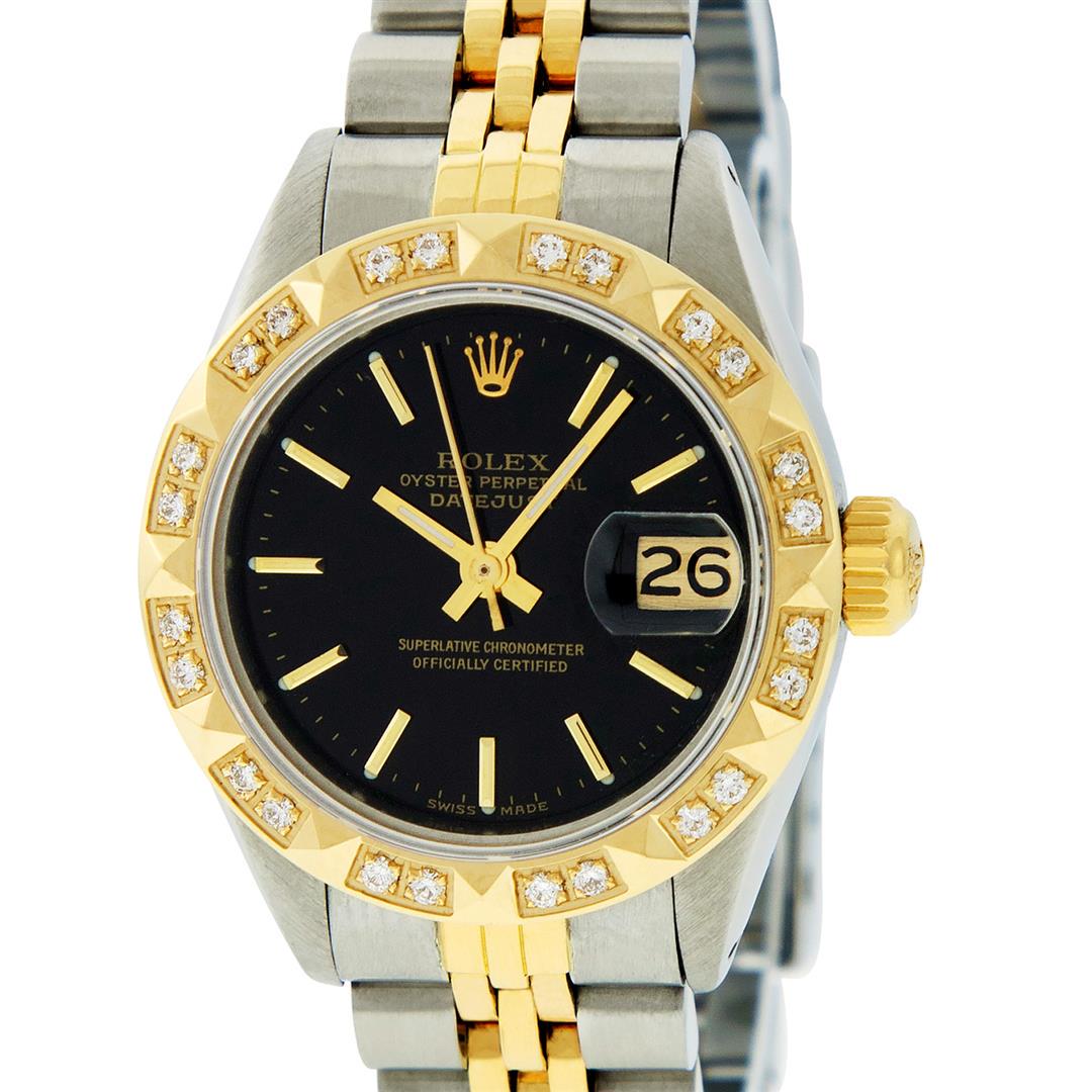 Rolex Ladies 2 Tone 14K Black Index & Pyramid Diamond: One Ladies 14K Two Tone Rolex Datejust Polished, Serviced & Electronically Tested, 14K Yellow Gold & Stainless Steel Case: 26mm, 14K Yellow Gold Crown, Custom Bezel: New 18K Yellow Gold Pyramid Diamon