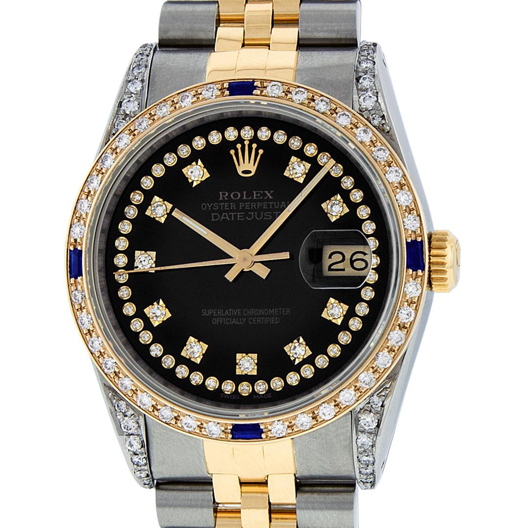 Rolex Mens 2 Tone 14K Black Diamond String Lugs &: One Mens 14K Yellow Gold Rolex Datejust Polished Bright with Satin Finish, Serviced & Electronically Tested, Stainless Steel Case: 36mm, Custom Diamond Lugs: 28 Diamonds On Lugs, Color: G to H, Clarit