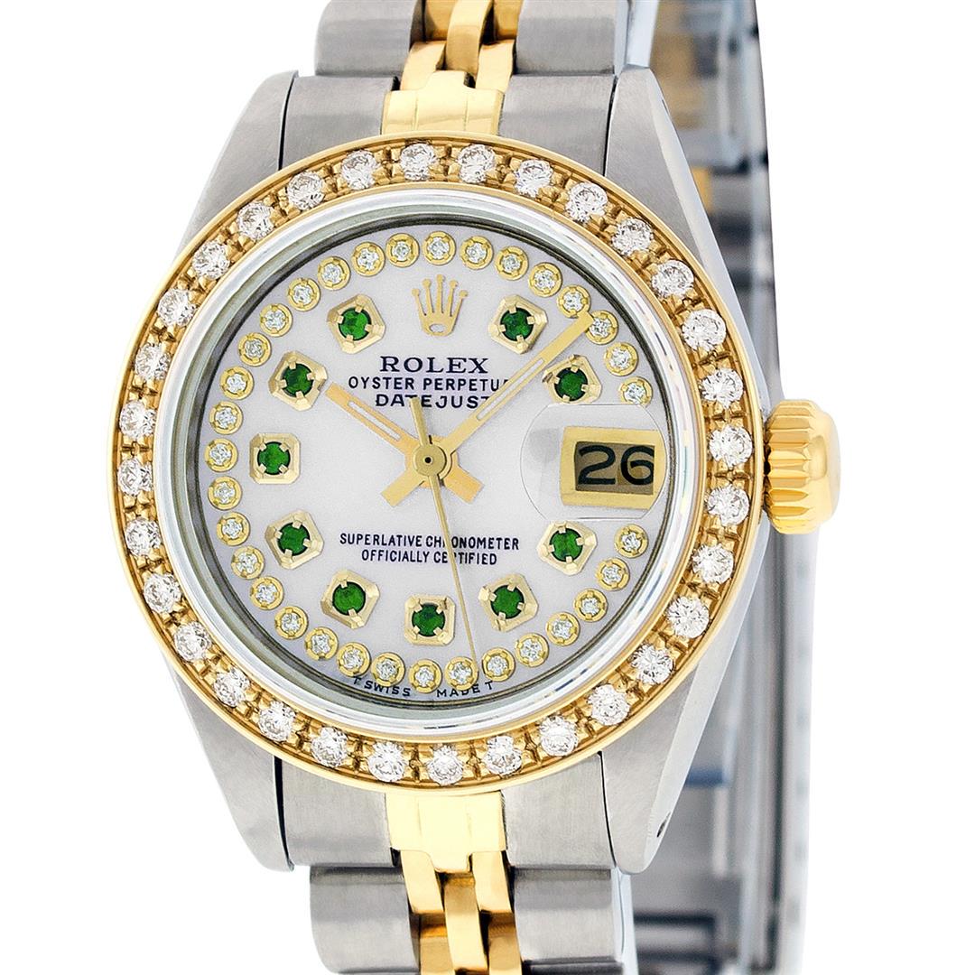 Rolex Ladies 2 Tone 14K MOP Emerald String Diamond: One Ladies 14K Two Tone Rolex Datejust Polished, Serviced & Electronically Tested, 14K Yellow Gold & Stainless Steel Case: 26mm, 14K Yellow Gold Crown, Custom Bezel: New 18K Yellow Gold Beadset Diamon