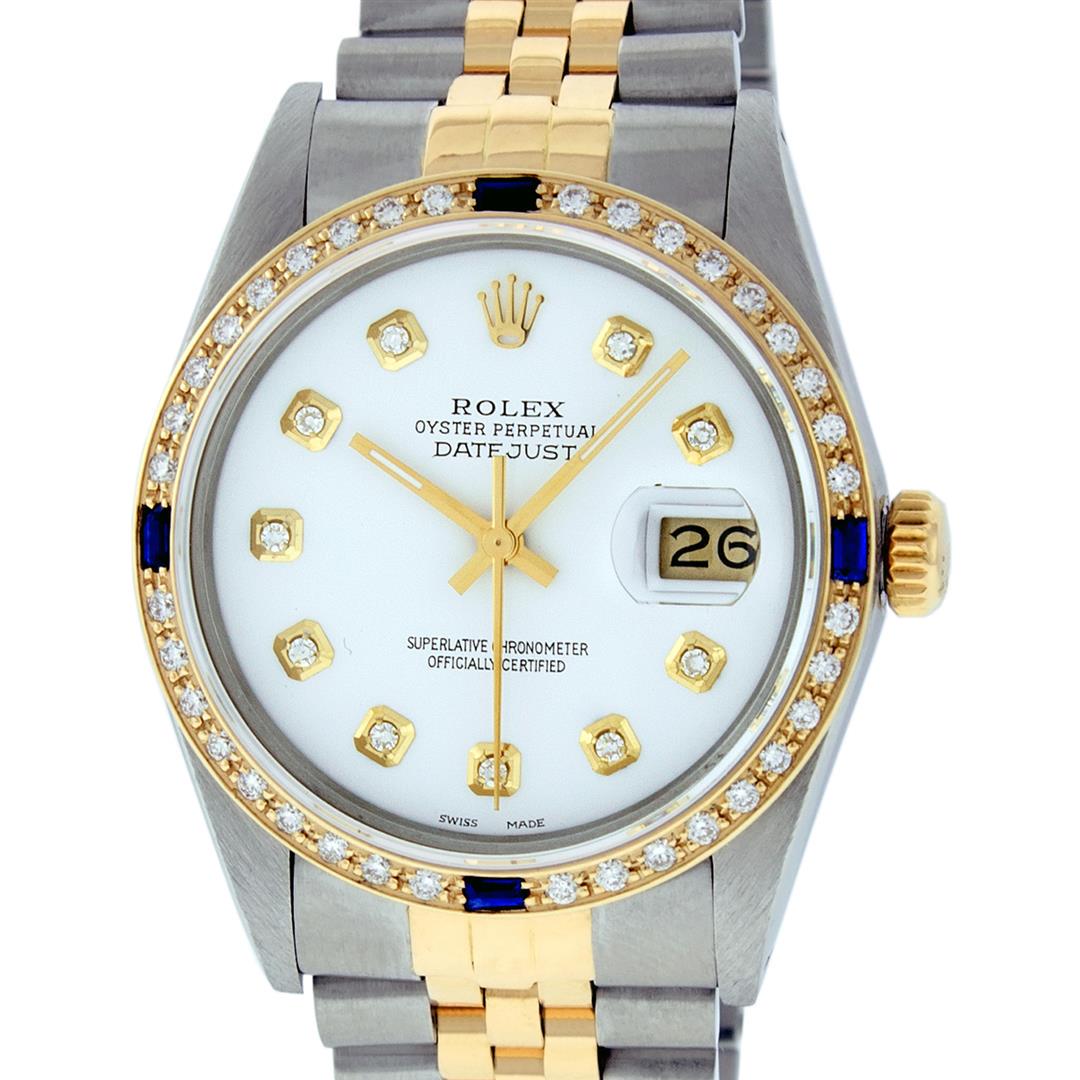 Rolex Mens 2 Tone 14K White Diamond & Sapphire Datejust: One Mens 14K Yellow Gold Two Tone Rolex Datejust Polished, Serviced & Electronically Tested, 14K Yellow Gold & Stainless Steel Case: 36mm, 14K Yellow Gold Crown, Custom Bezel: New 18K Yellow Gold Sapp