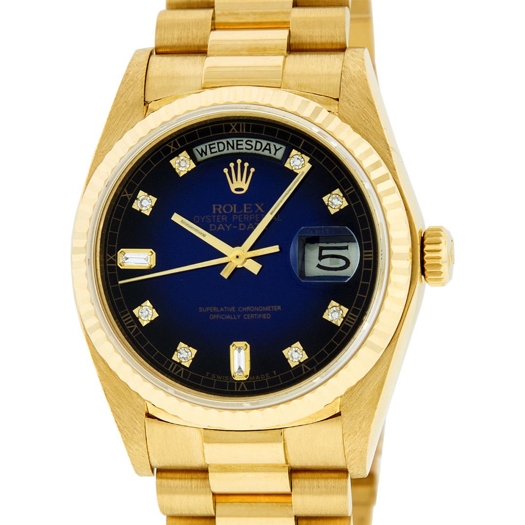 Rolex Mens 18K Yellow Gold Blue Vignette Diamond: One Mens Quickset Rolex Day Date 18K Yellow Gold President Polished, Serviced & Electronically Tested, 18K Yellow Gold Case: 36mm, 18K Yellow Gold Crown, Bezel: 18K Yellow Gold Fluted Bezel. Custom Cr