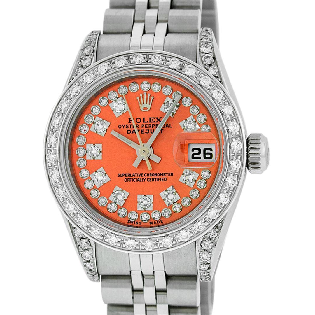 Rolex Ladies Stainless Steel Quickset Orange String: One Quickset Ladies Stainless Steel Rolex Datejust Polished Bright with Satin Finish, Serviced & Electronically Tested, Stainless Steel Case: 26mm, Stainless Steel Crown, Custom Diamond Lugs: 24 Diamo