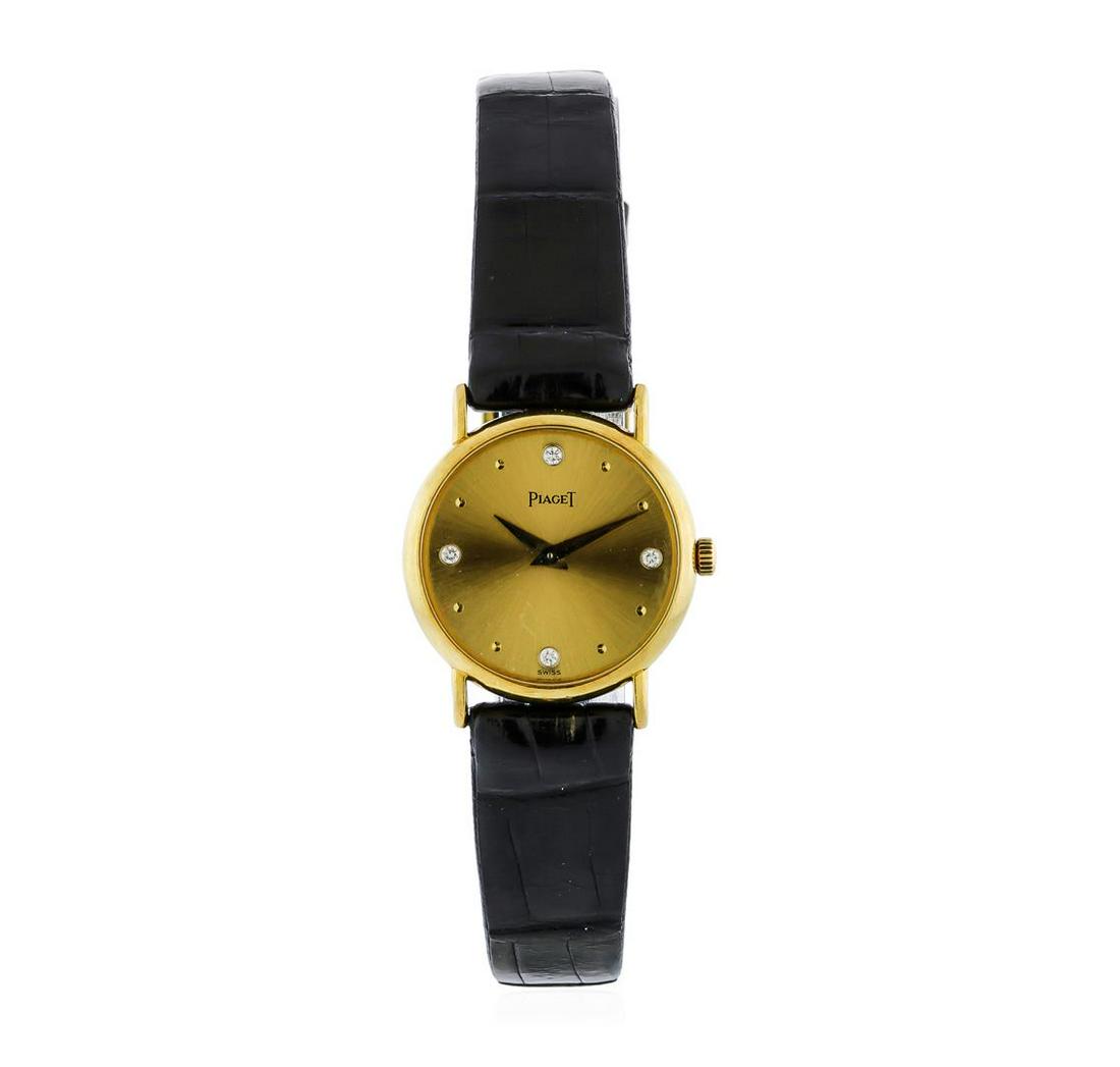 Piaget 18KT Yellow Gold Ladies Watch: One ladies, Piaget wristwatch, electronically tested 18KT yellow gold, Swiss Hallmarked Case: 23mm diameter, Case Back: secured by four set screws, engraved with manufacturer's name & ID numbers, ther