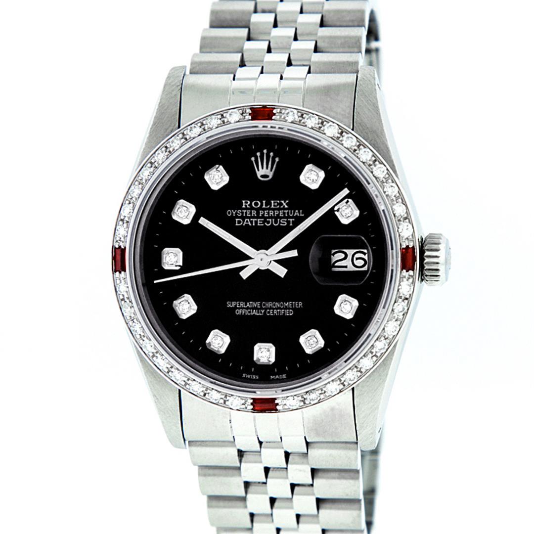Rolex Mens Stainless Steel Black Diamond & Ruby 36MM: One Mens Stainless Steel Rolex Datejust Polished, Serviced & Electronically Tested, Stainless Steel Case: 36mm, Stainless Steel Crown, Custom Bezel: New 18K White Gold Ruby Beadset Diamond Bezel, Diam
