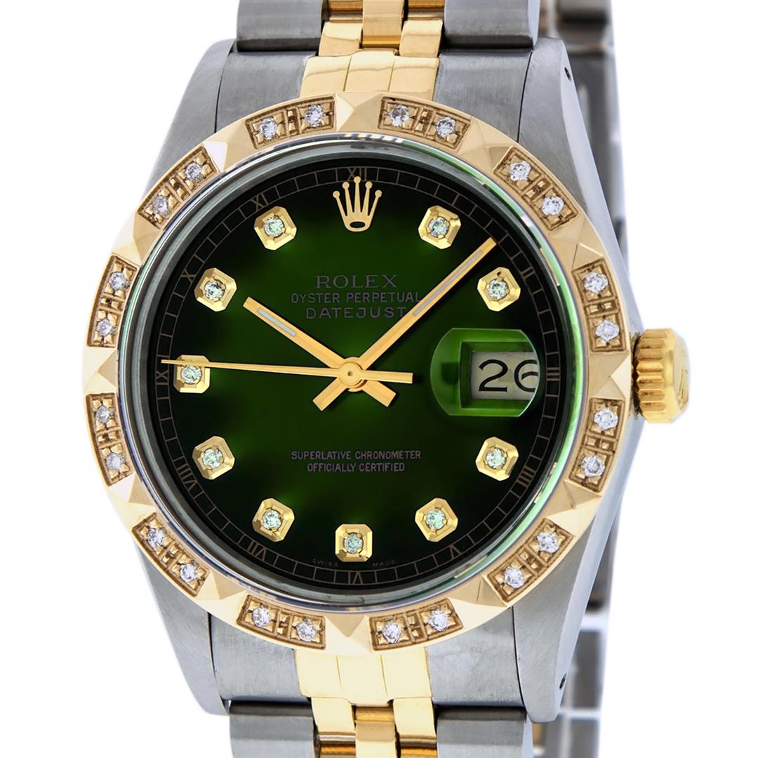 Rolex Mens 2 Tone 14K Green Vignette Pyramid Diamond: One Mens 14K Yellow Gold Rolex Datejust Polished Bright with Satin Finish, Serviced & Electronically Tested, Stainless Steel Case: 36mm, Yellow Gold Crown, Custom Bezel: New 18K Yellow Gold Pyramid Di