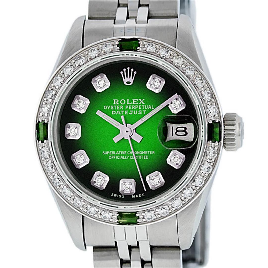 Rolex Ladies Stainless Steel 26MM Green Vignette: One Ladies Stainless Steel Rolex Datejust Polished Bright with Satin Finish, Serviced & Electronically Tested, Stainless Steel Case: 26mm, Stainless Steel Crown, Custom Bezel: New 18K White Gold Synth