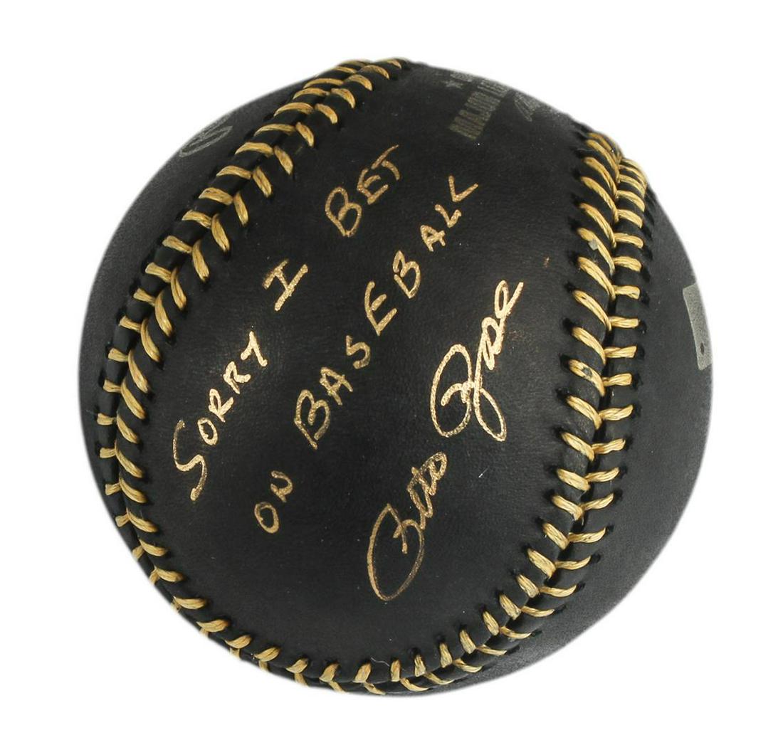 Autographed Pete Rose "I'm Sorry" Black Baseball: Autographed Pete Rose "I'm Sorry" Baseball. Excellent Condition! Signed Pete Rose baseball with I'm Sorry I bet on Baseball written on the ball. Pete Rose had 4256 hits in his 24 year career with the