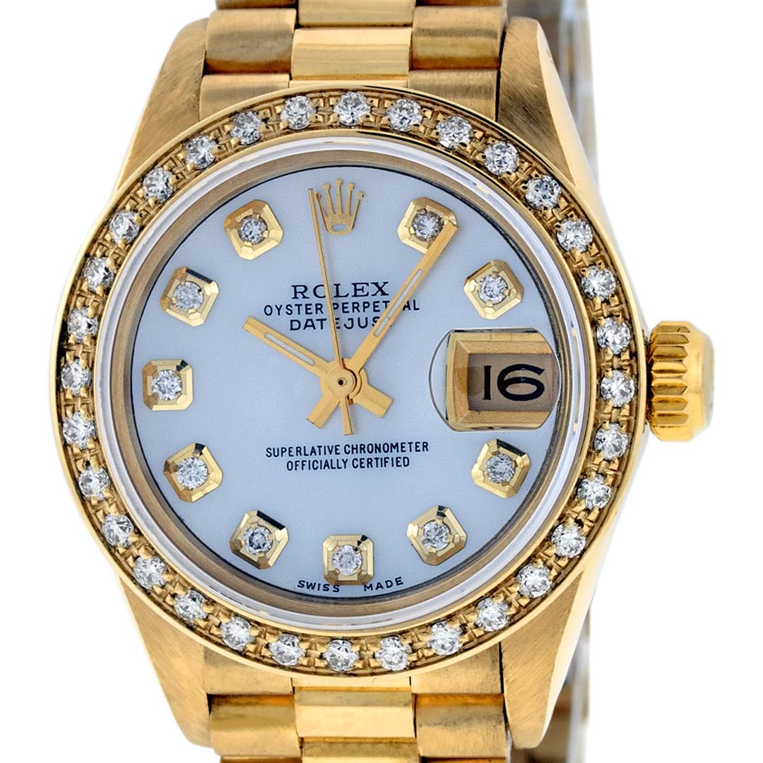 Rolex Ladies 18K Yellow Gold Mother Of Pearl Diamond: One Ladies Rolex 18K Yellow Gold President Polished, Serviced & Electronically Tested, 18K Yellow Gold Case: 26mm, 18K Yellow Gold Crown, Custom Bezel: New 18K Yellow Gold Bead Set Diamond Bezel, Diam