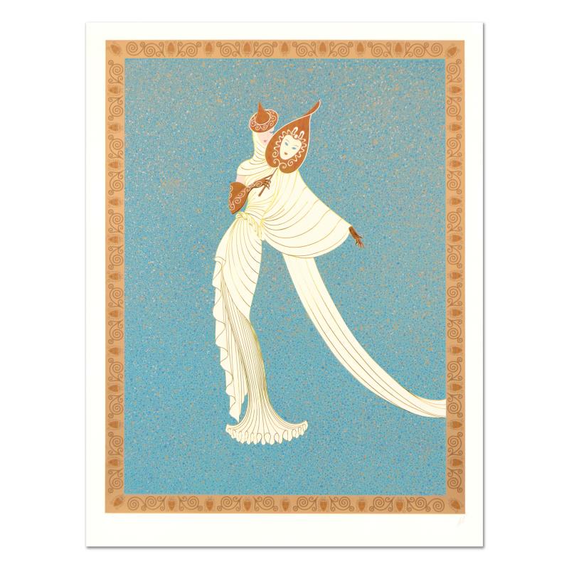 Tanagra Turquoise by Erte (1892-1990): "Tanagra Turquoise" is a limited edition serigraph on paper by Erte (1892-1990), numbered and hand signed by the artist. Includes Certificate of Authenticity. Measures approx. 30.5" x 41" (border), 27