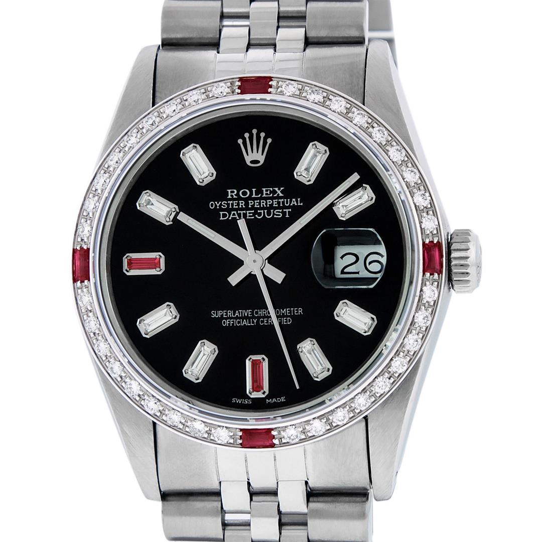 Rolex Mens Stainless Steel Black Baguette Diamond Ruby: One Mens Rolex Stainless Steel Datejust Polished Bright with Satin Finish, This Watch Has Been Serviced & Electronically Tested, Stainless Steel Case: 36mm, Stainless Steel Crown, Custom Bezel: New 1