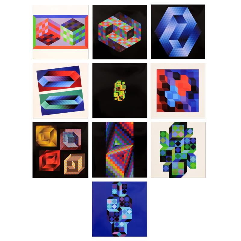 Hommage a L'hexagone by Vasarely (1908-1997): "Hommage a L'hexagone Portfolio" includes 10 heliogravure prints on paper from the Editions du Griffon (1971) by Victor Vasarely (1908-1997). Each piece is titled and dated inverso. Each Piece measure