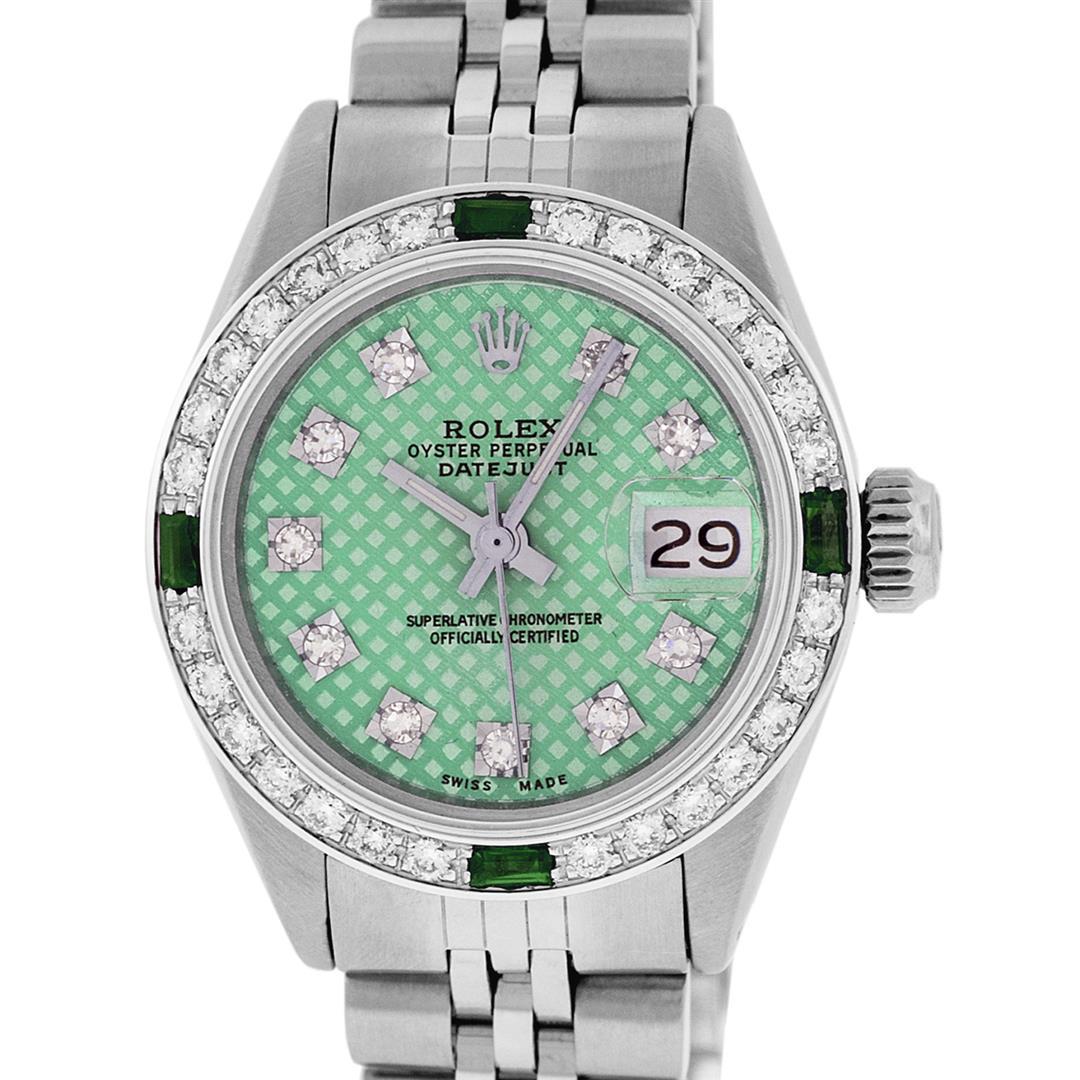 Rolex Ladies Stainless Steel Green Stamp Diamond &: One Ladies Stainless Steel Rolex Datejust Polished Bright with Satin Finish, Serviced & Electronically Tested, Stainless Steel Case: 26mm, Stainless Steel Crown, Custom Bezel: New 18K White Emerald Be