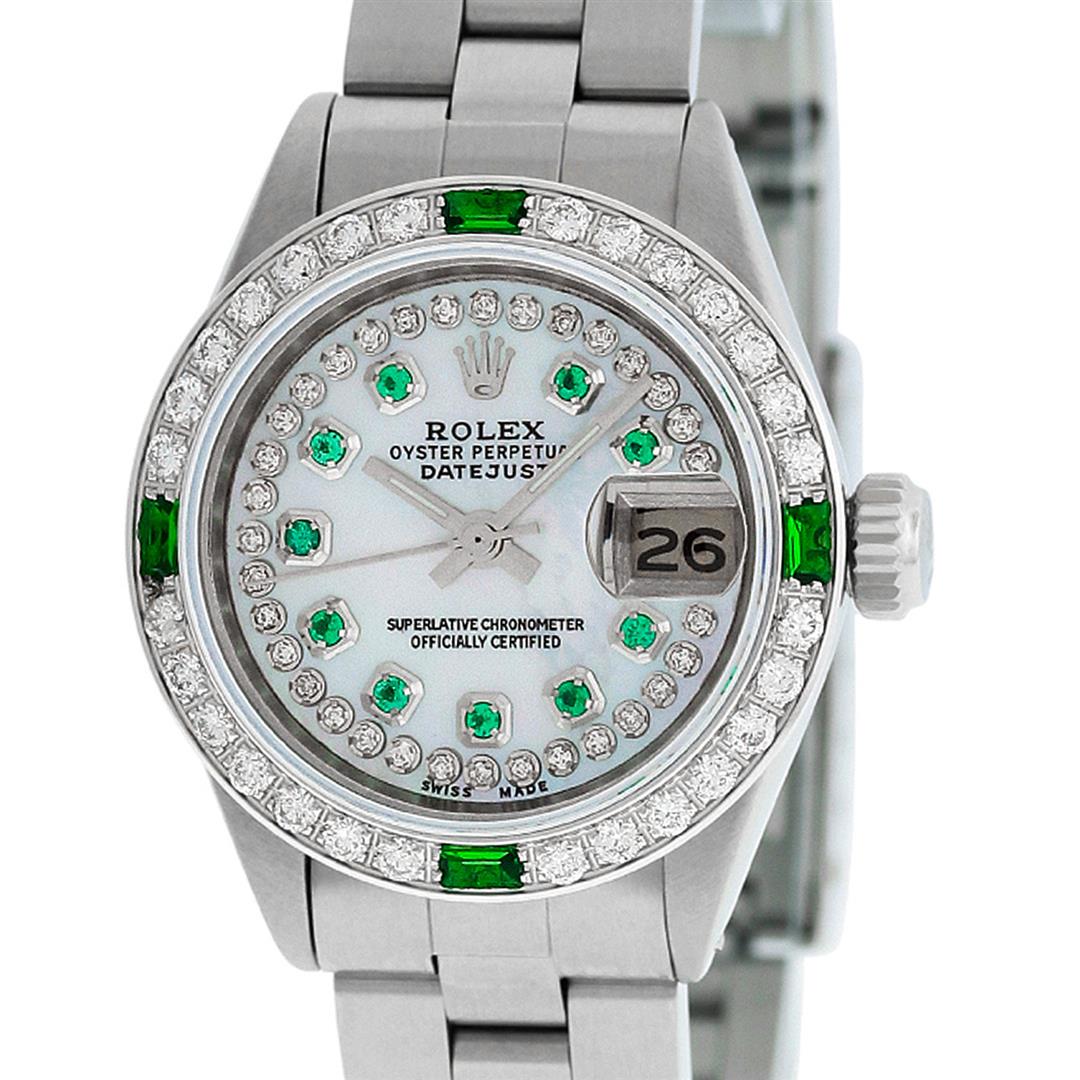 Rolex Ladies Stainless Steel MOP Emerald & Diamond: One Ladies Stainless Steel Rolex Datejust Polished Bright with Satin Finish, Serviced & Electronically Tested, Stainless Steel Case: 26mm, Stainless Steel Crown. Custom Bezel: New 18K White Gold Beads